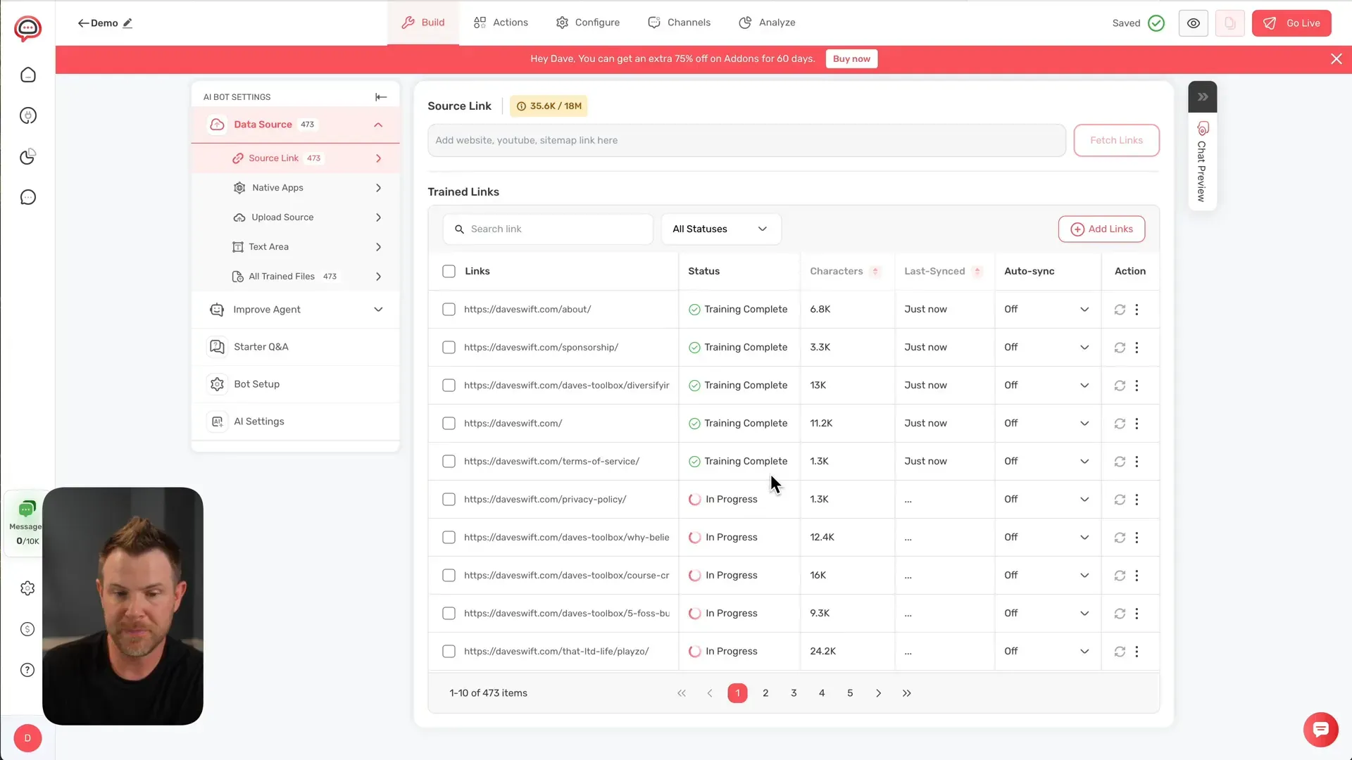 Website scraping and training progress