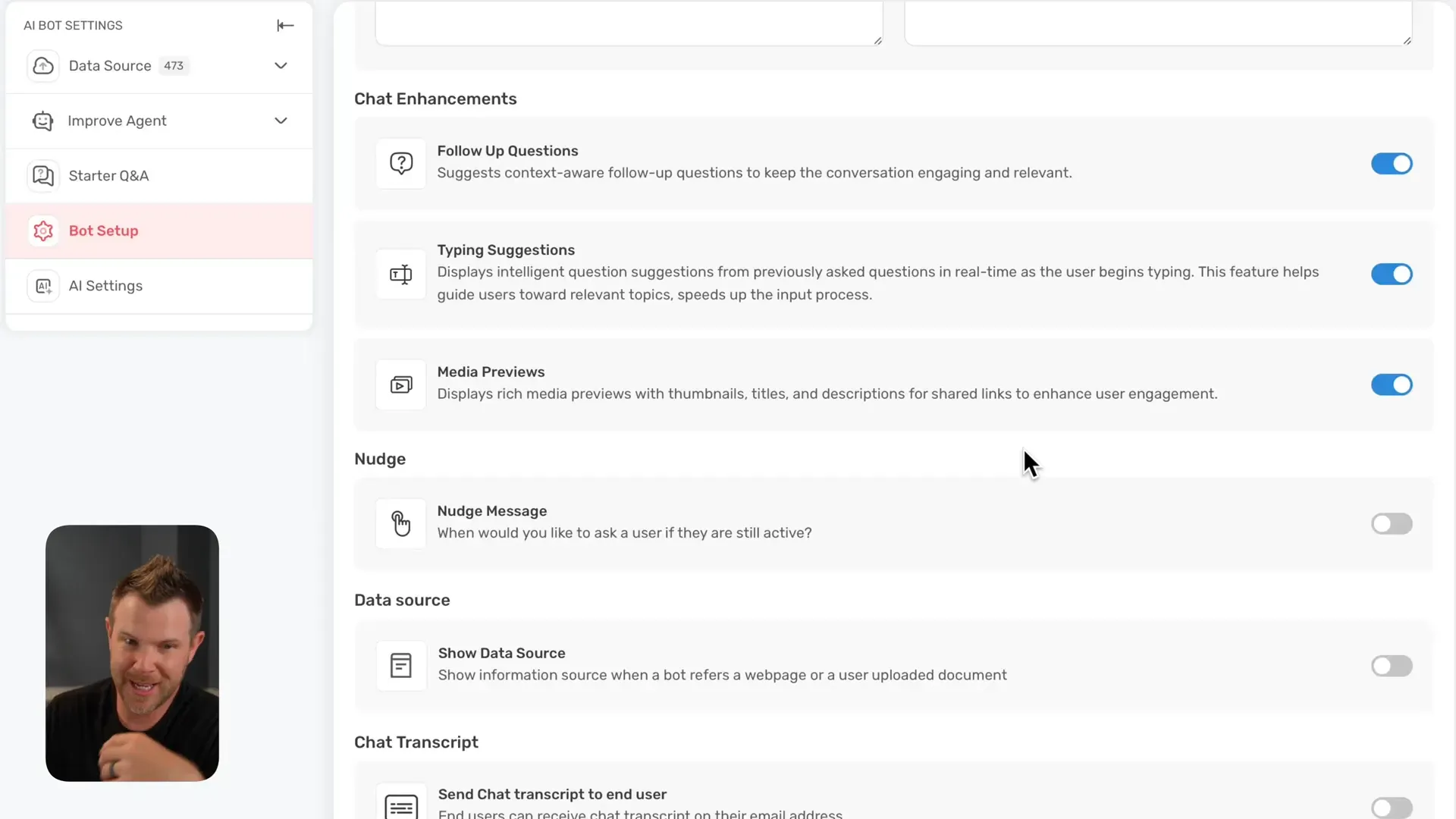 Bot setup options including behavior and toggles