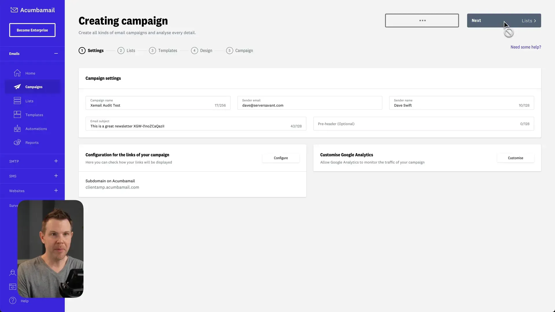 Setting up test email campaign with special code in subject line