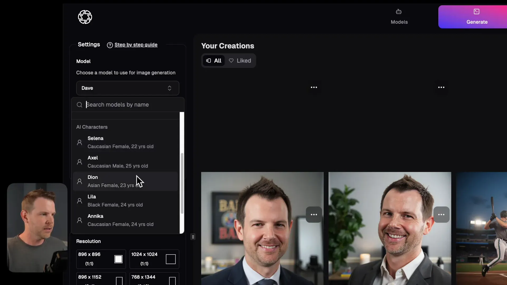 Selecting AI models and presets in PhotoGPT