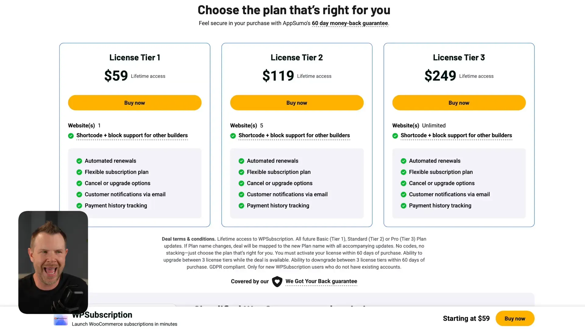 WP Subscription pricing plans on AppSumo