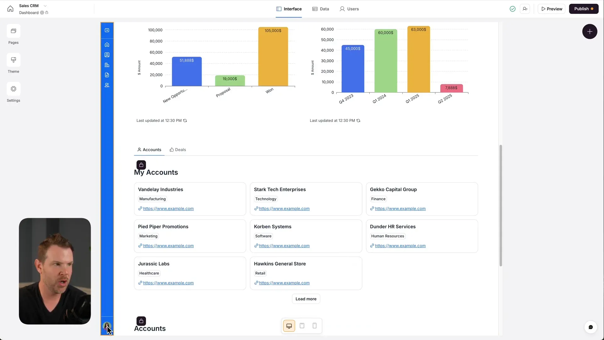 Softr front-end dashboard showing filtered accounts