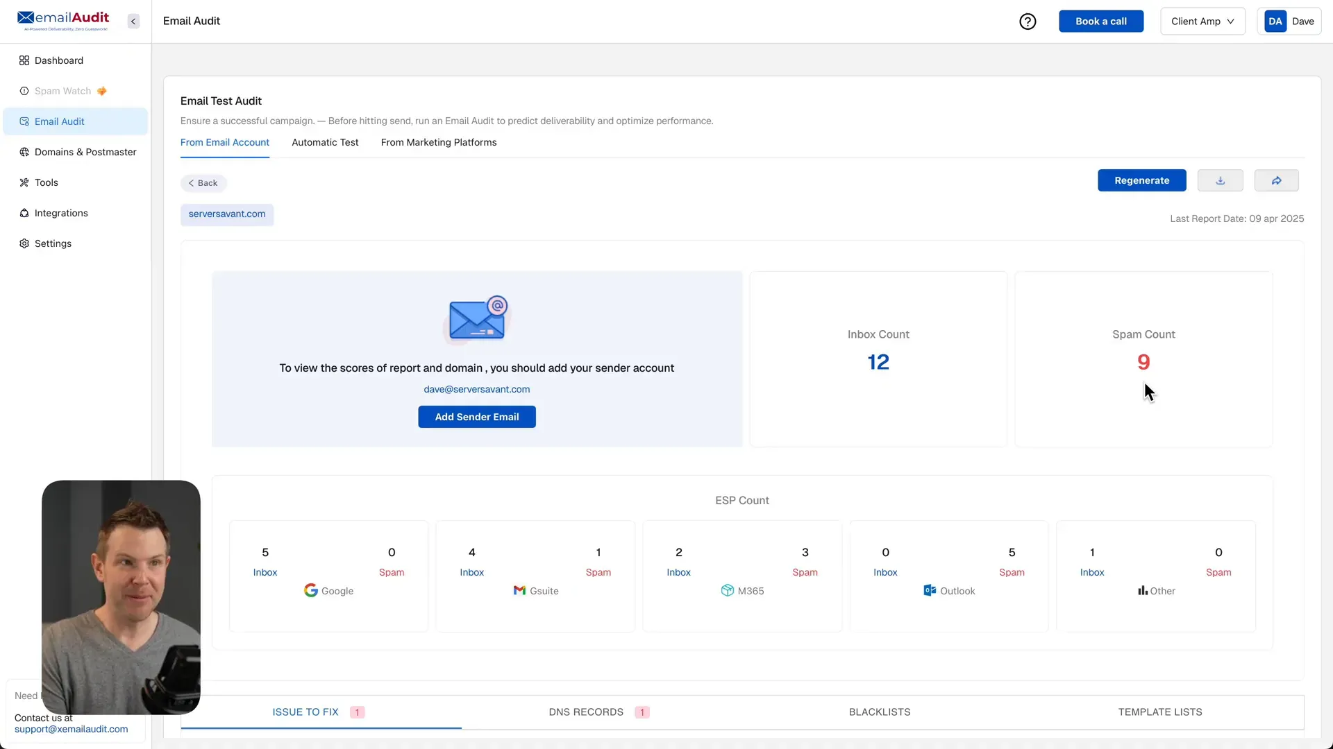 XemailAudit report showing inbox vs. spam results