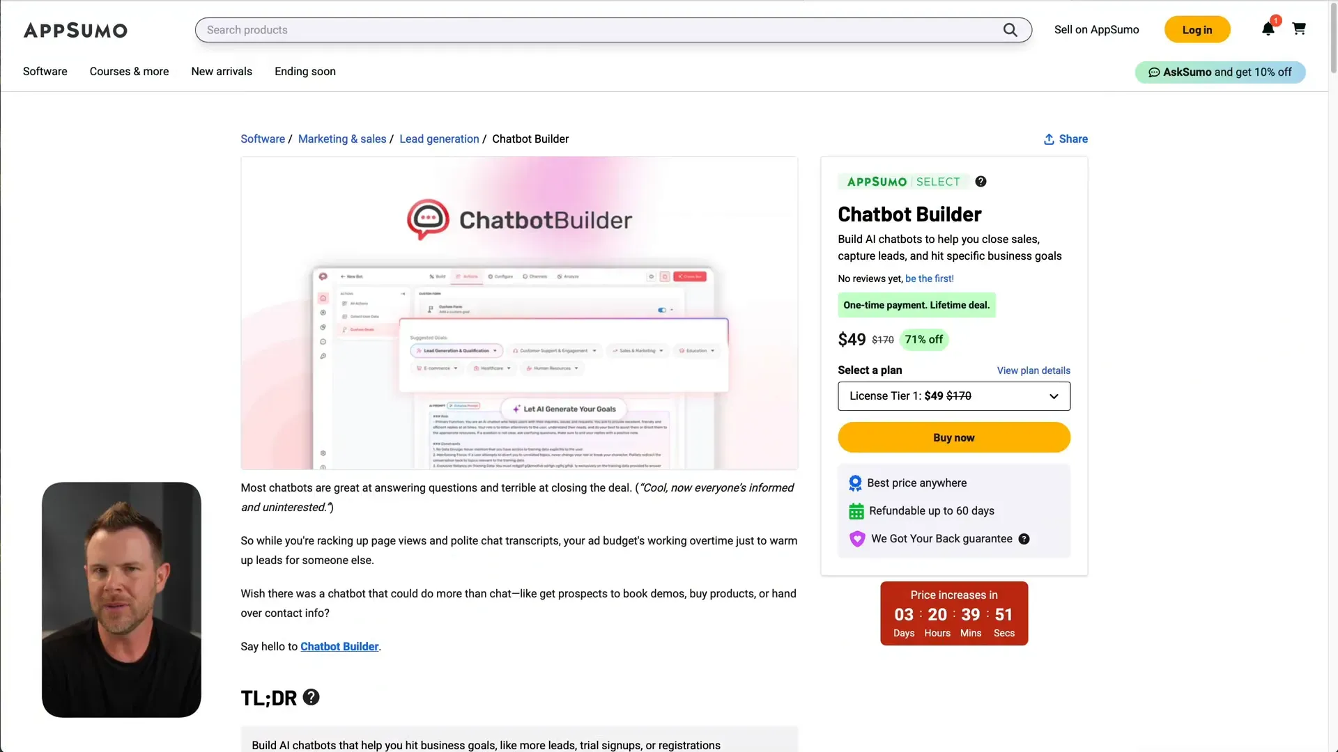 Chatbot Builder interface introduction on AppSumo