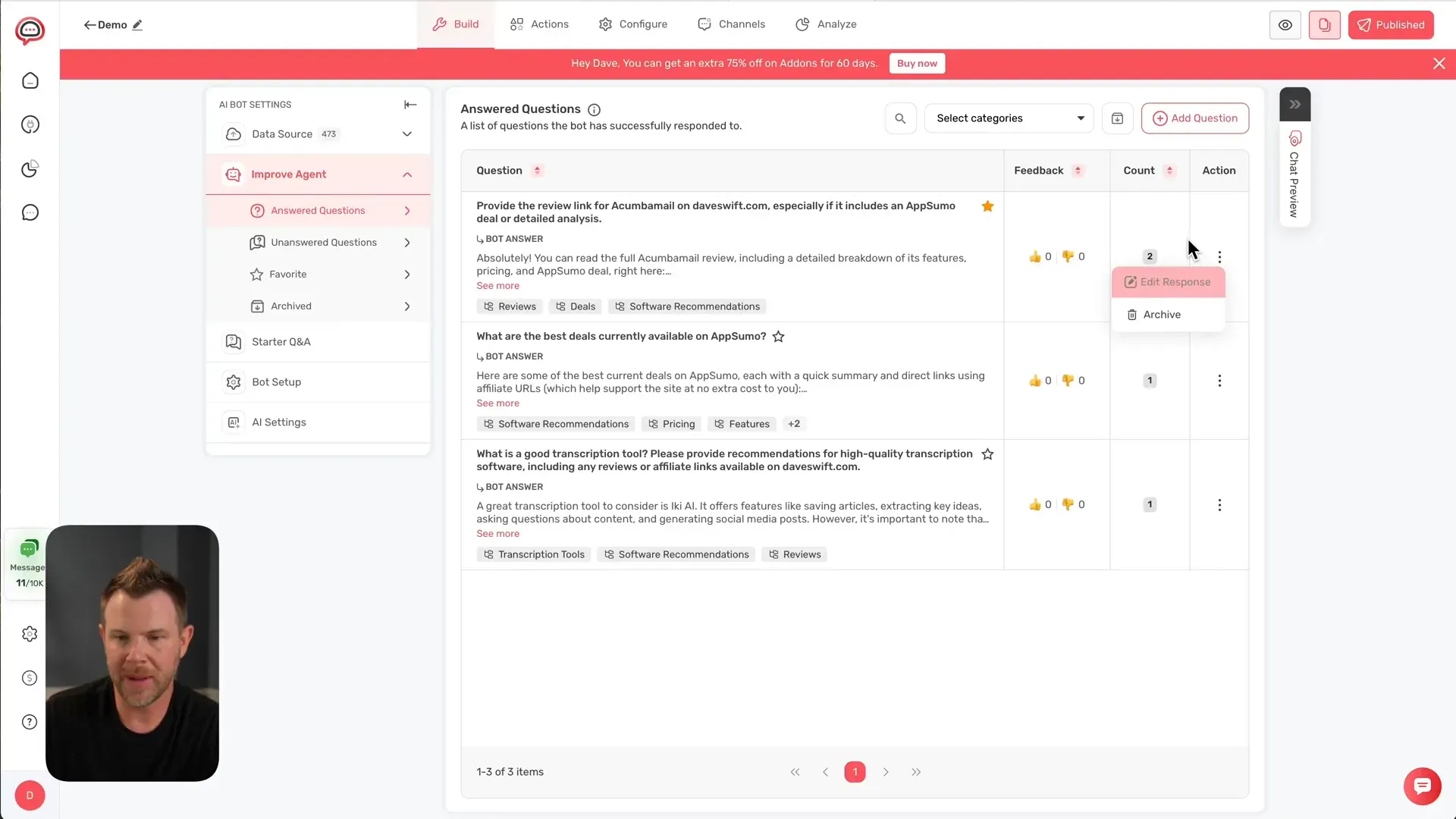 Improving chatbot responses and editing answers