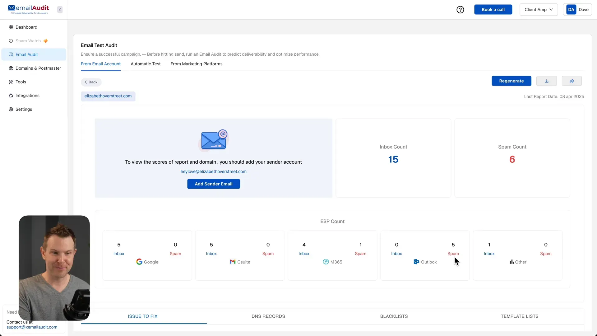 Example audit showing emails hitting inbox and spam for Microsoft properties