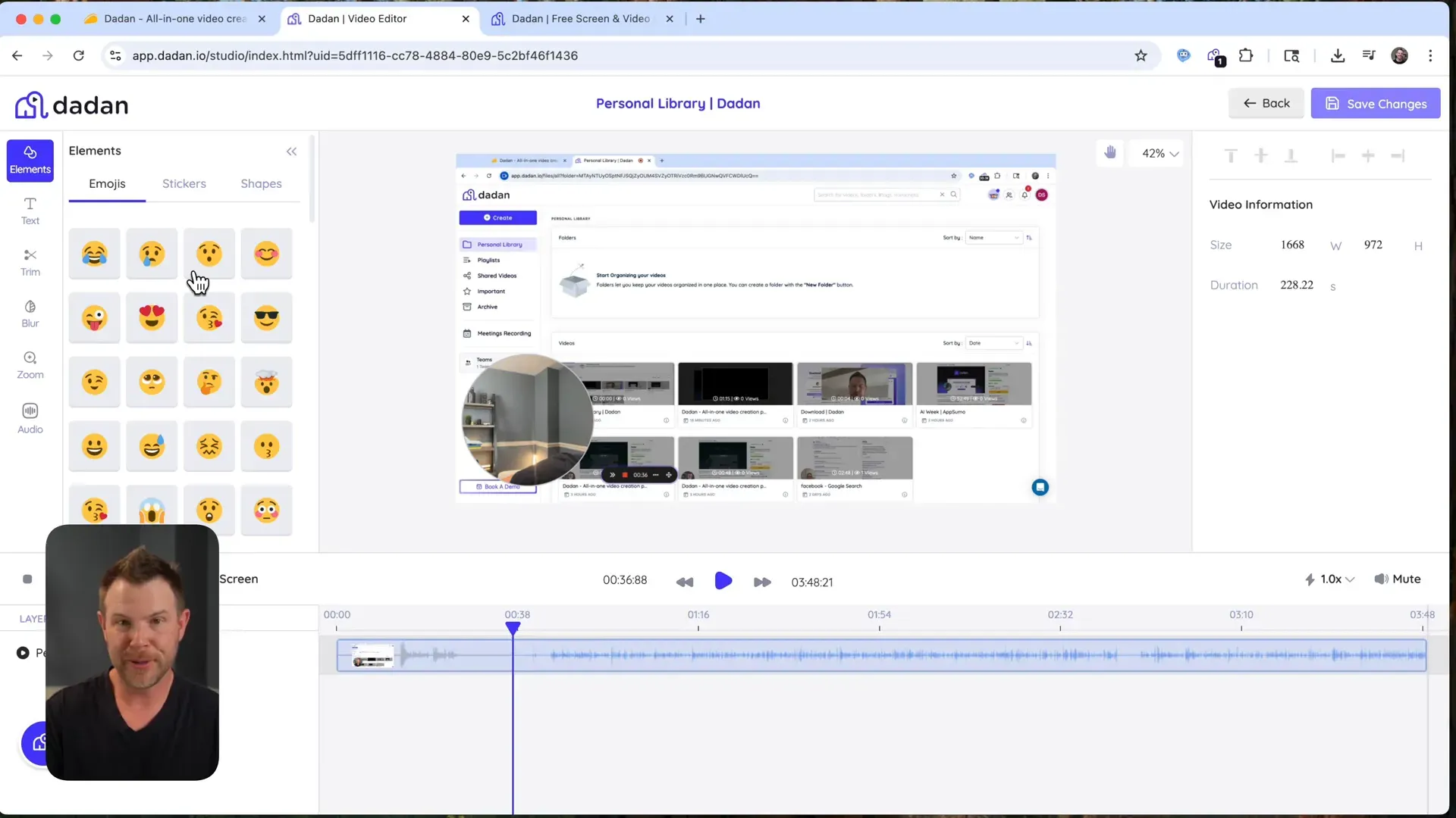 Dedan video editor with trim and emoji tools
