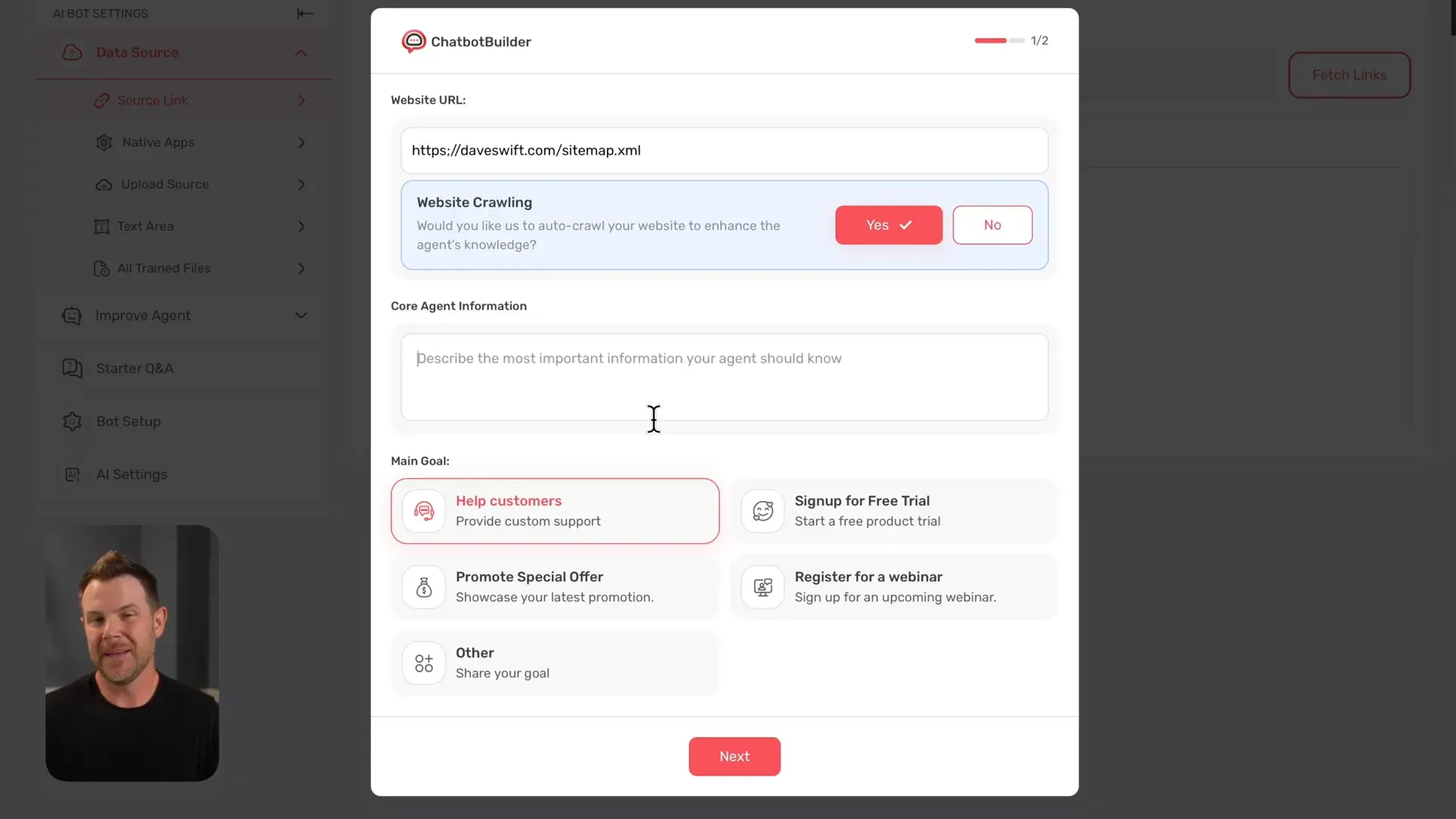 Creating a new chatbot agent and adding website URL