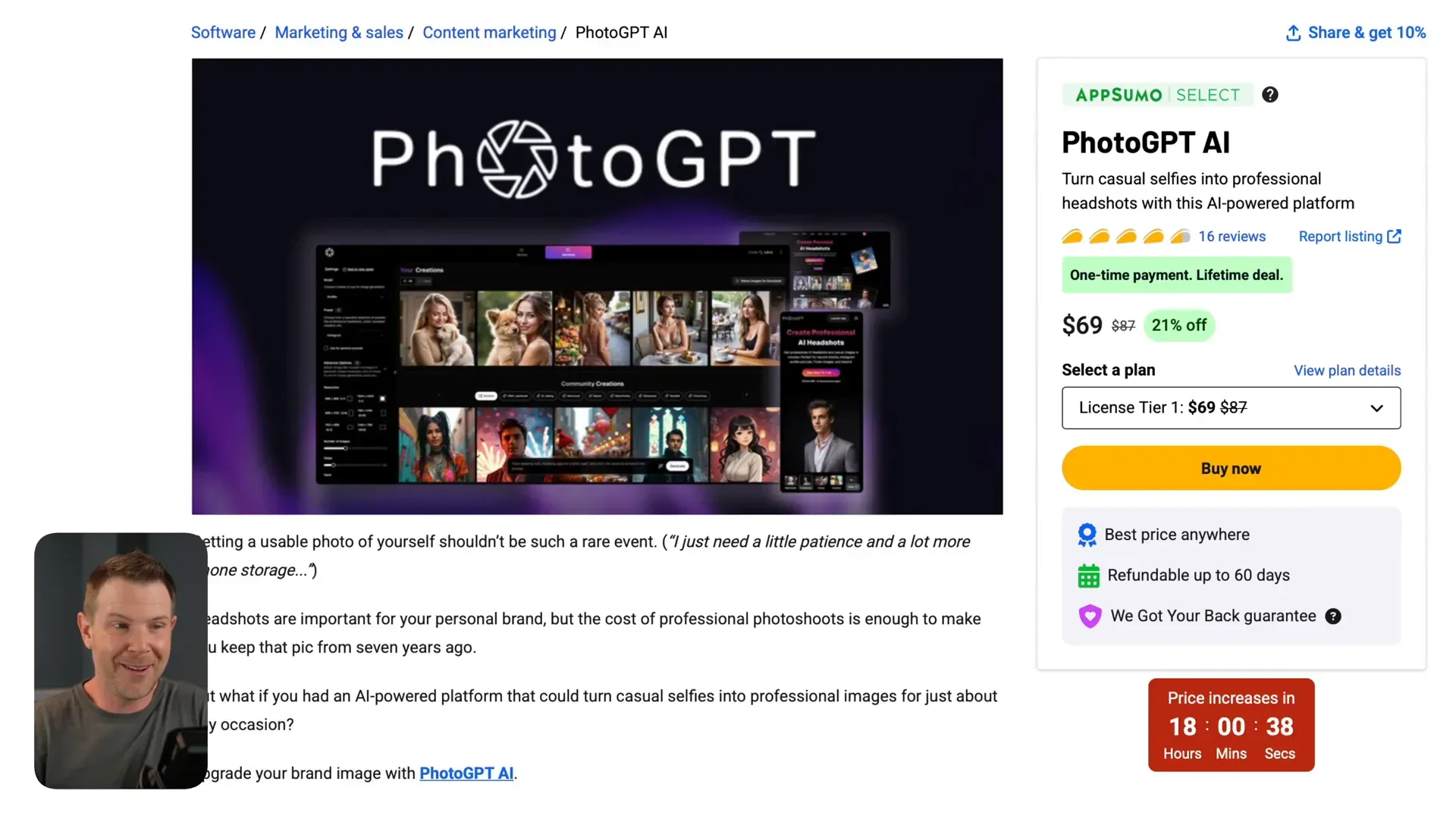 PhotoGPT interface overview and pricing