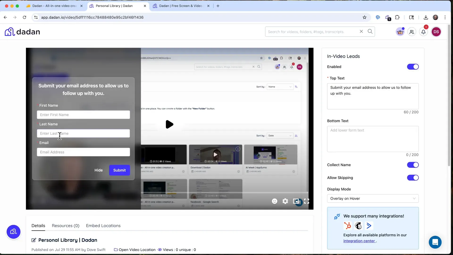 Dedan in-video lead capture form setup