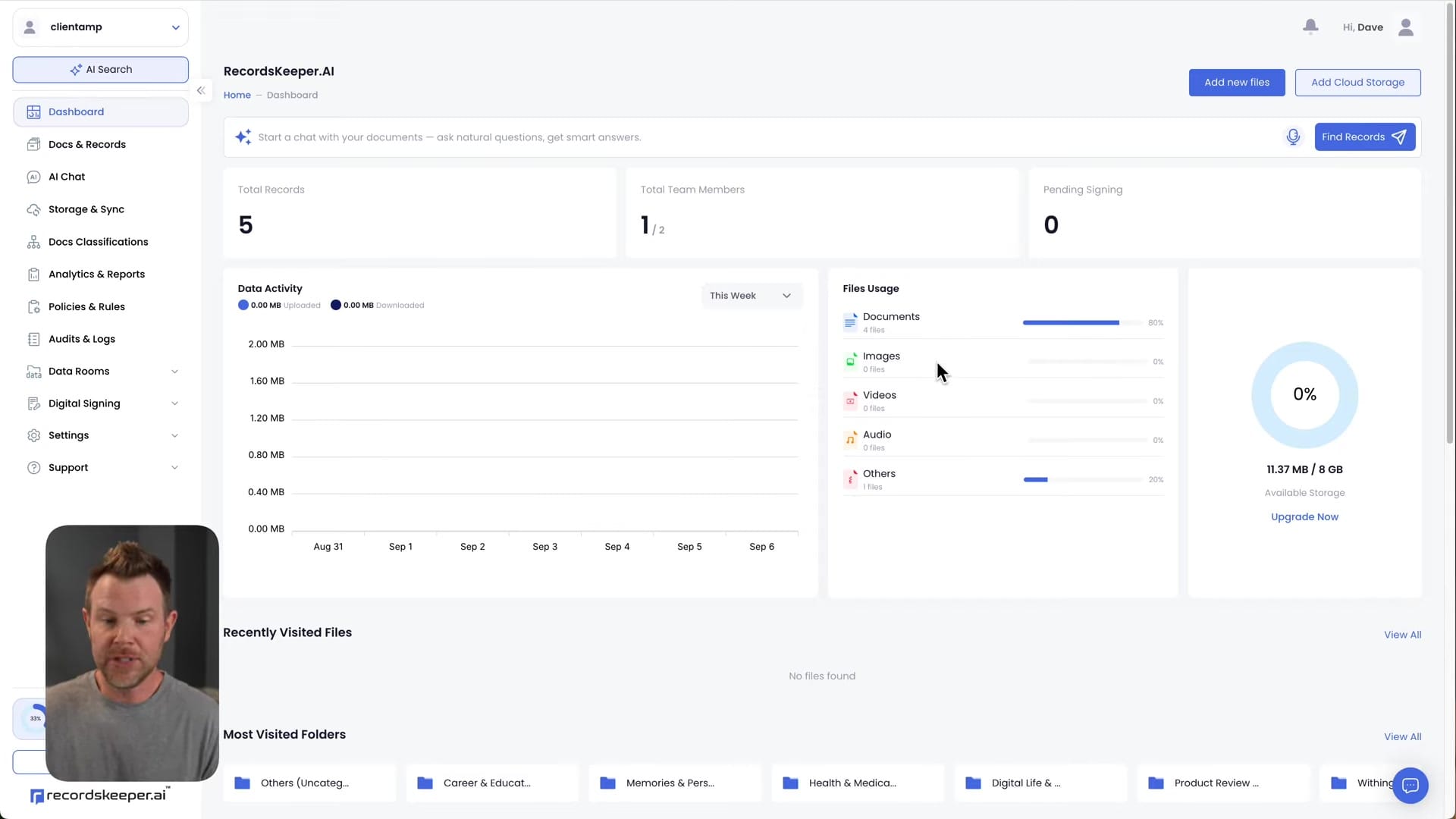 Screenshot: Dashboard Overview and AI Search