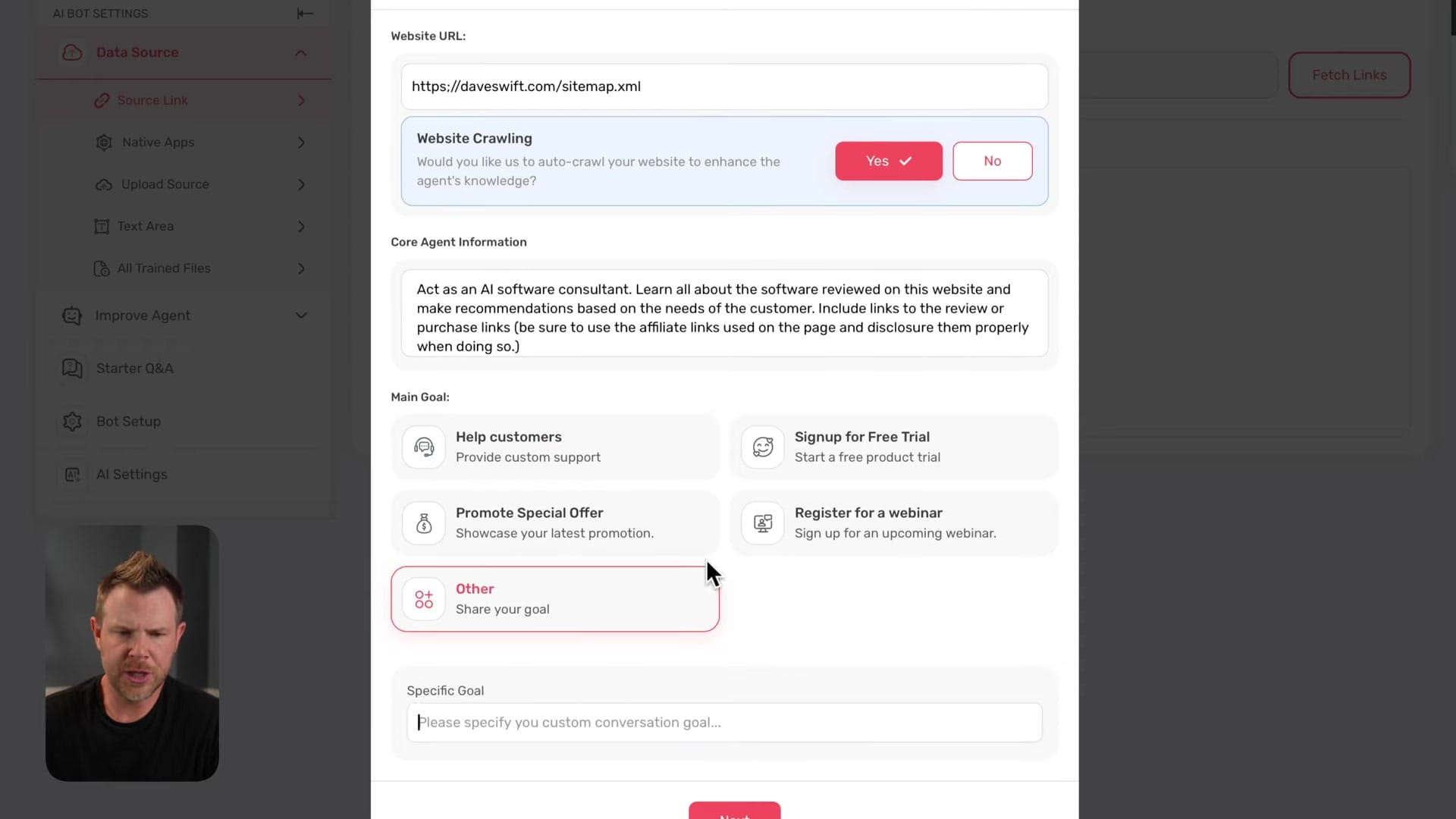 Screenshot: Setting Core Agent Instructions and Goals