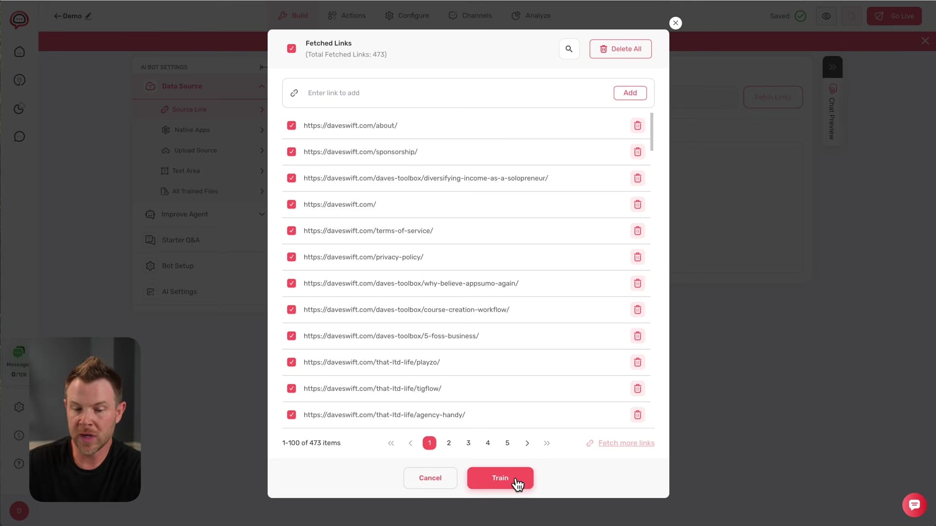 Screenshot: Training on Website and Data Sources