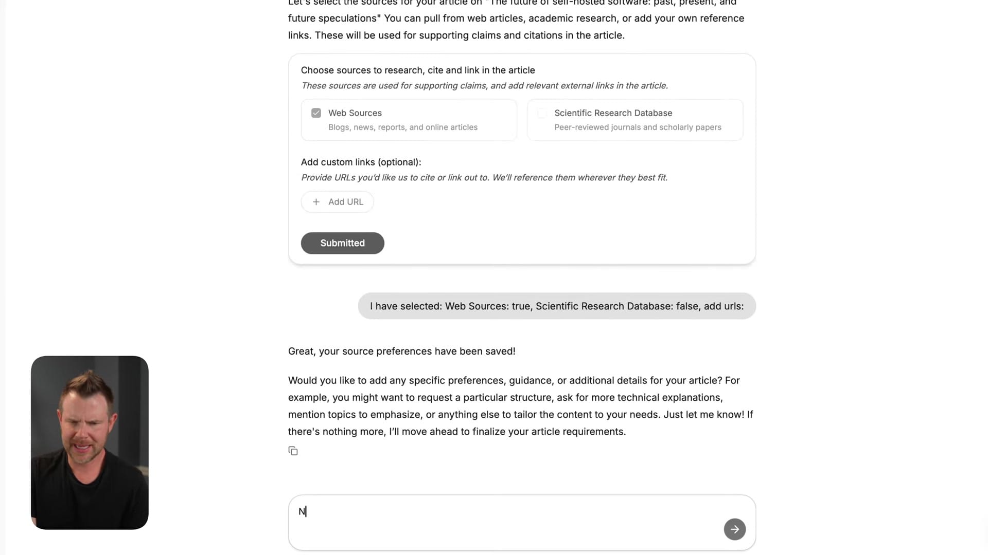 Screenshot: AI Article Agent Setup and Optimizations