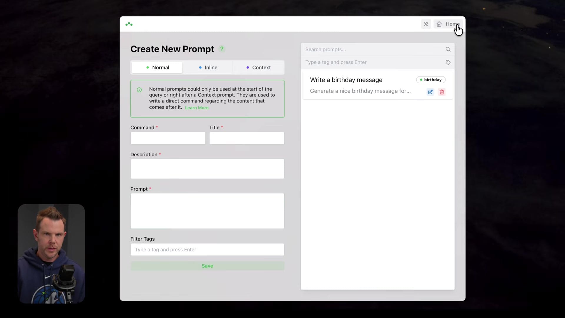 Screenshot: Creating Custom Prompts