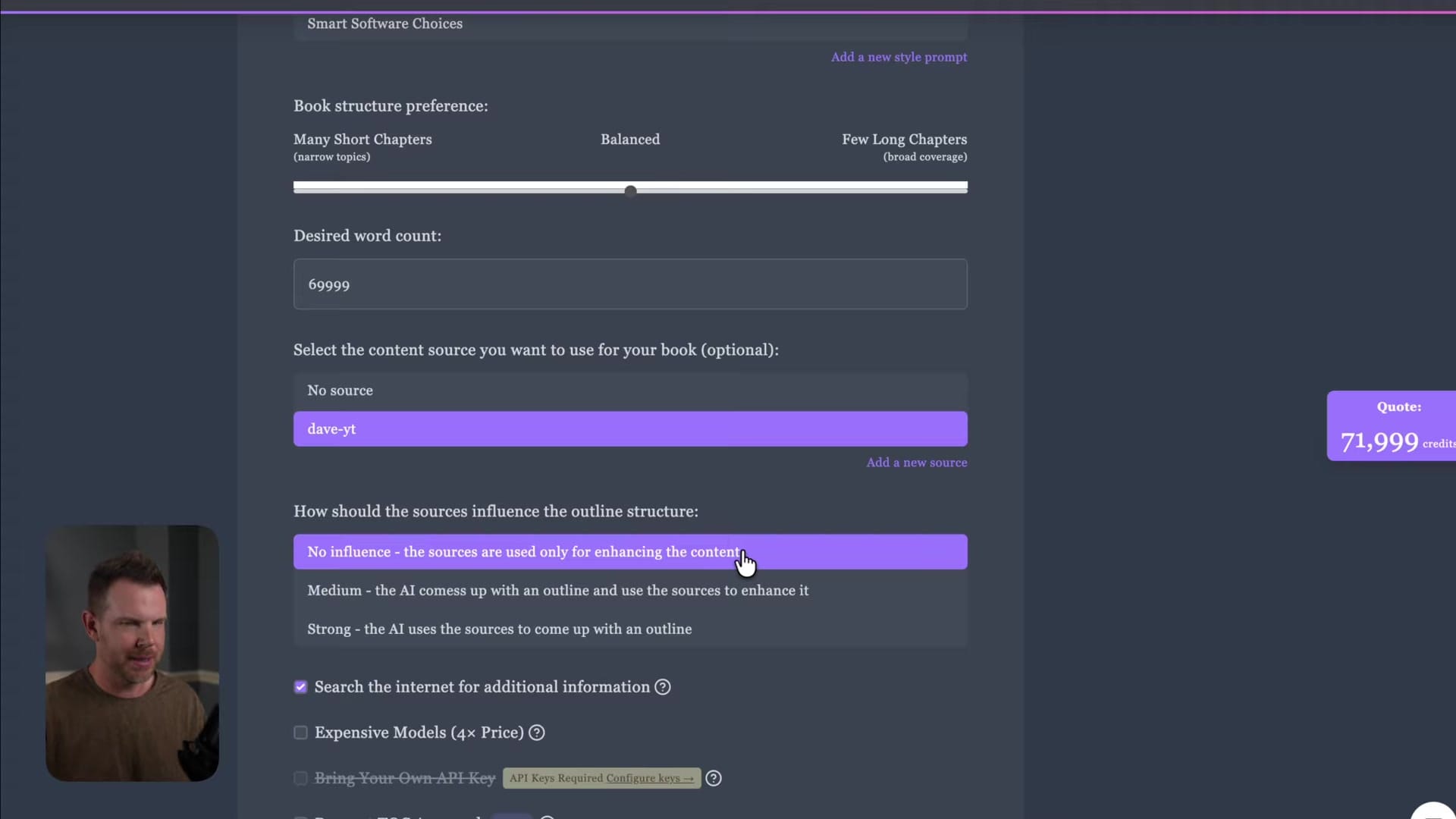 Screenshot: Book Creation Prompt and Settings