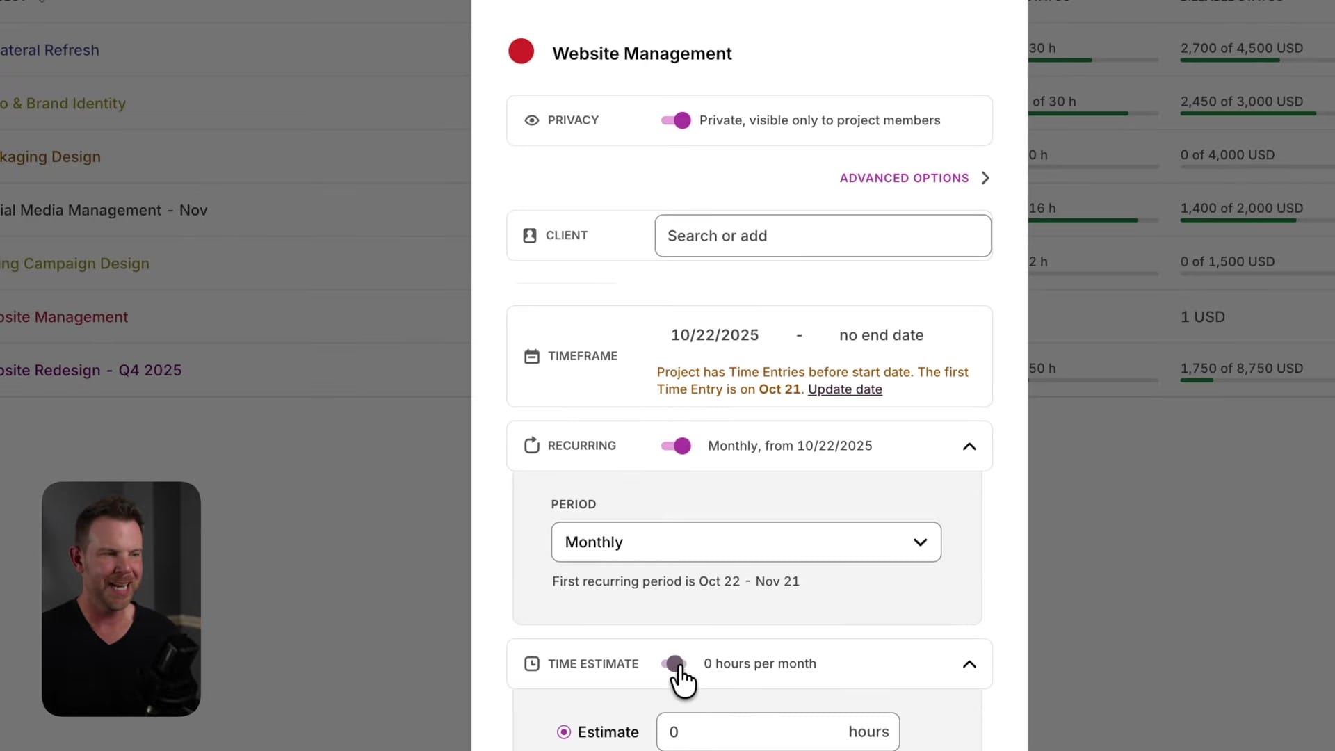 Screenshot: Recurring Projects