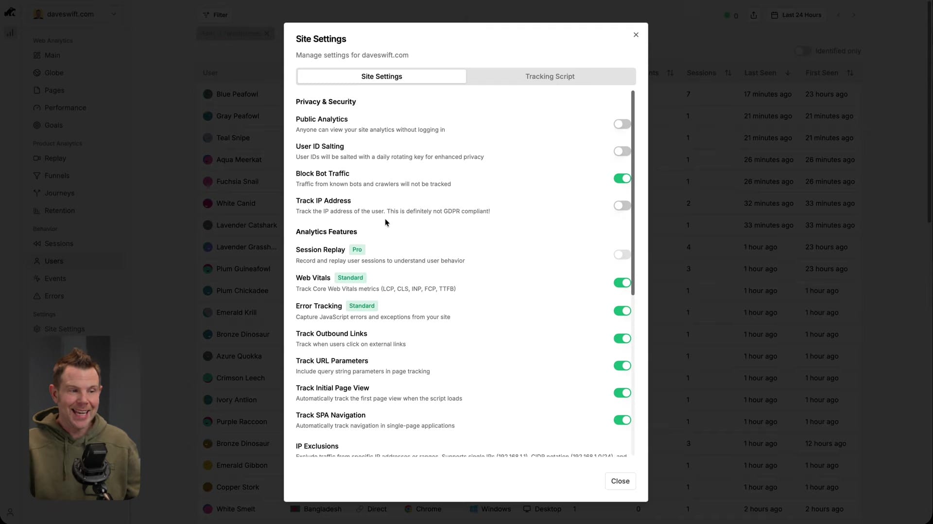 Screenshot: Goals, Privacy & User Tracking