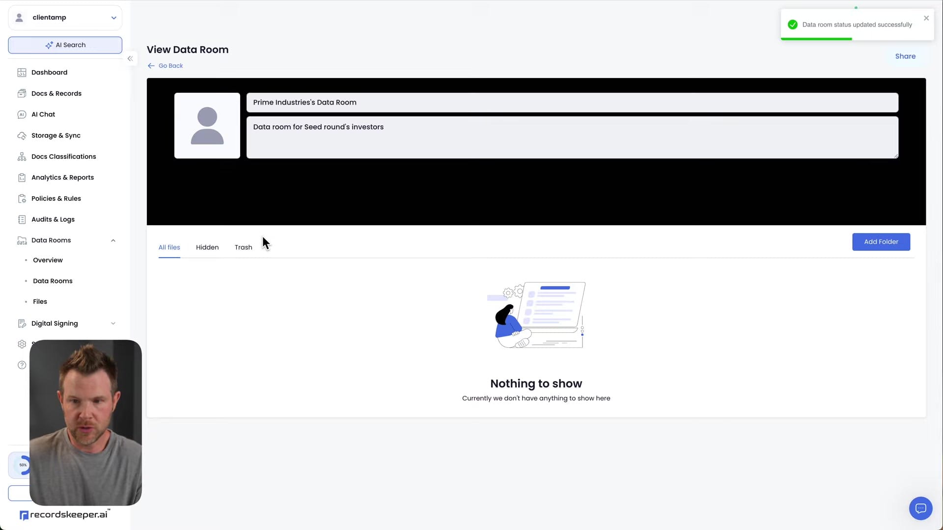 Screenshot: Data Rooms Feature Demo