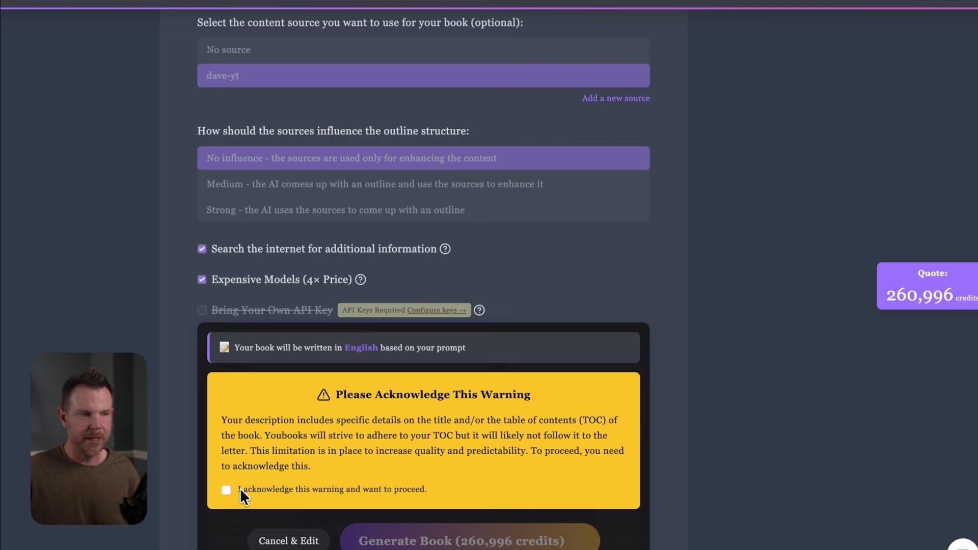 Screenshot: Starting Book Generation
