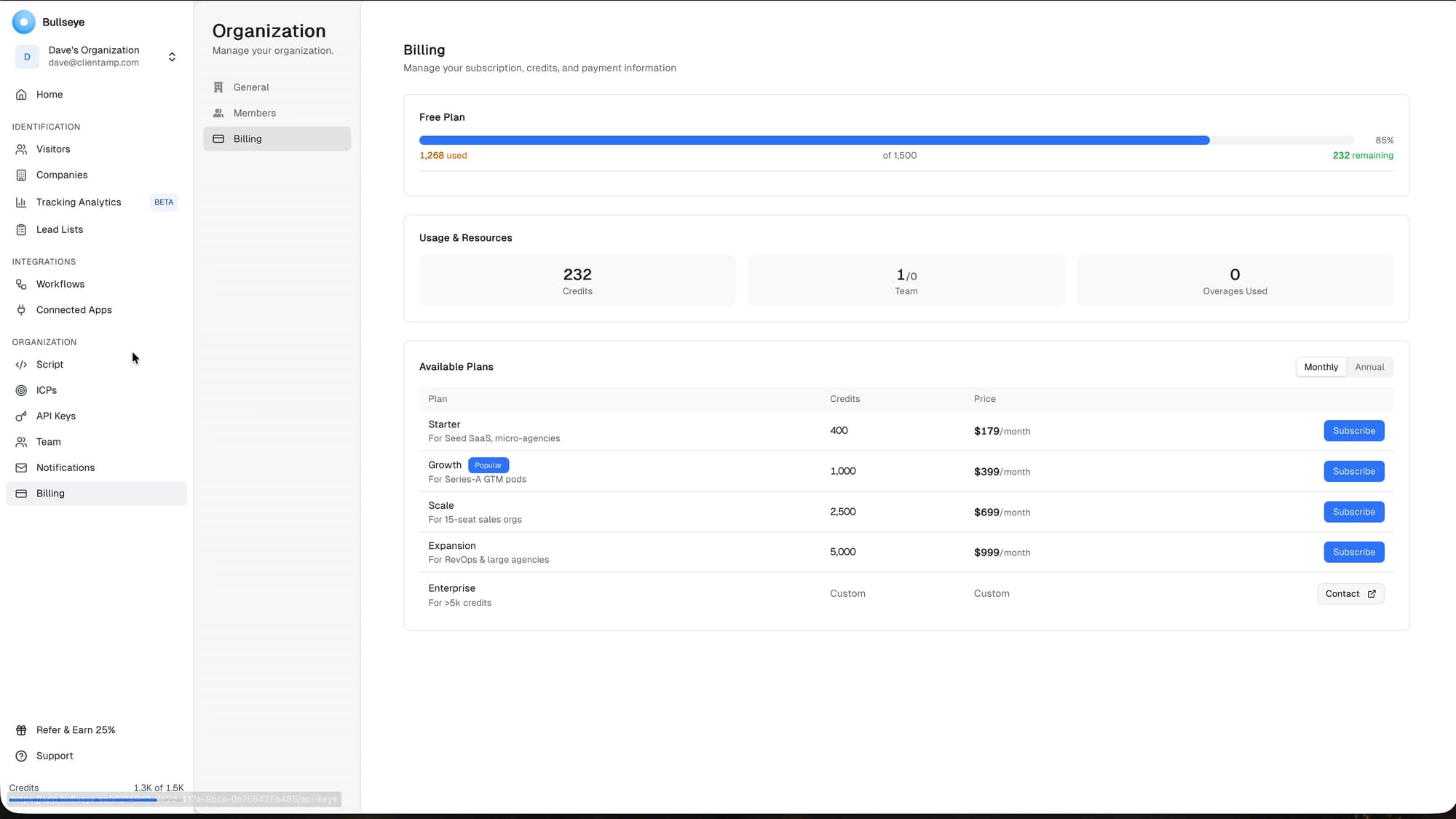 Real video frame of Bullseye billing and credit usage screen