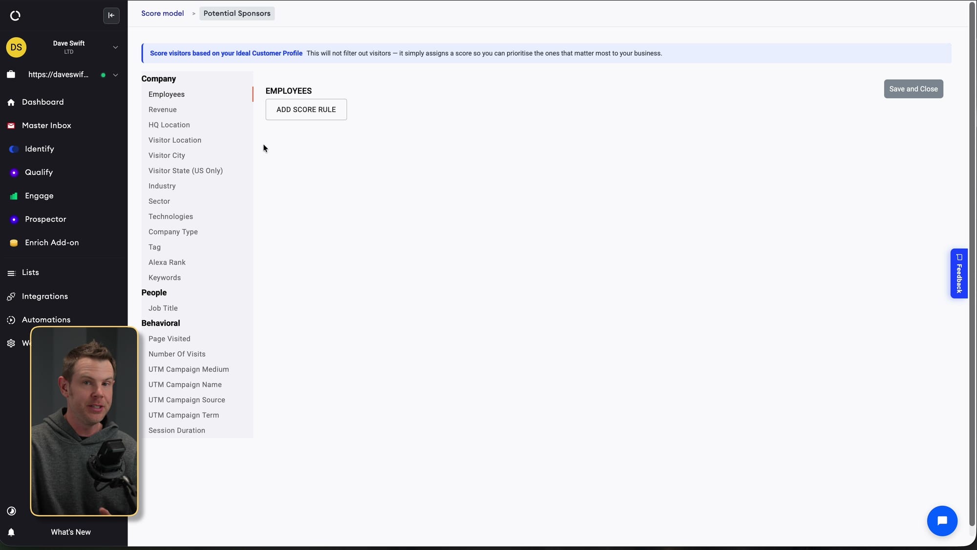 Screenshot: The ideal customer profile builder helps define the kinds of companies HappierLeads should prioritize.