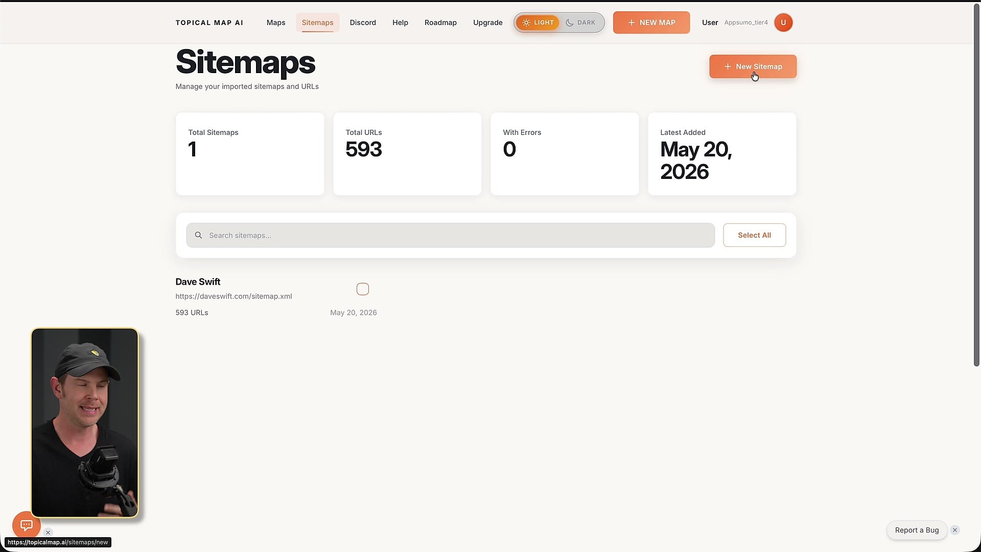 TopicalMap.ai sitemap screen showing URL counts and crawl status