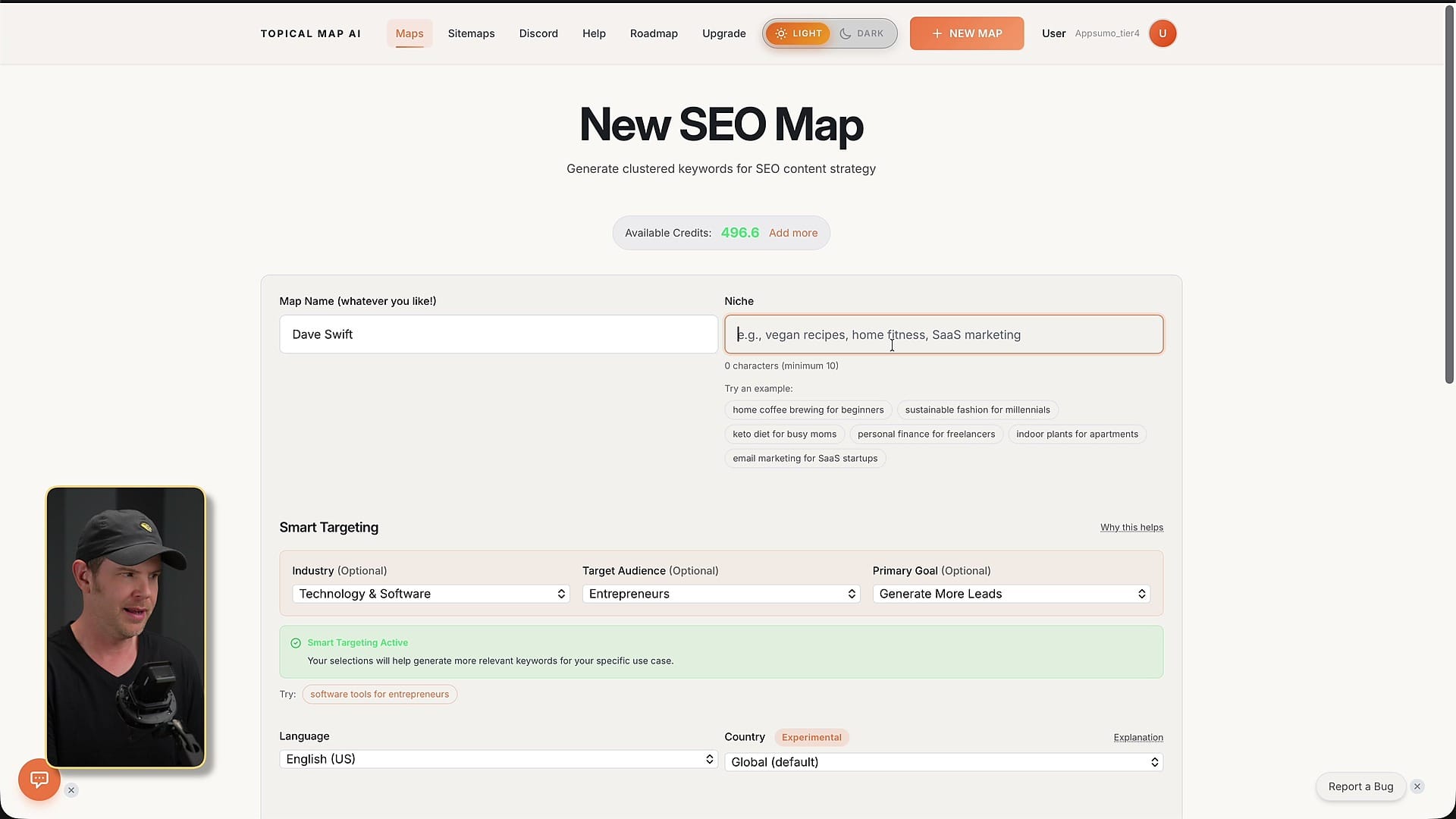 TopicalMap.ai SEO map setup controls for niche, audience, language, and intent