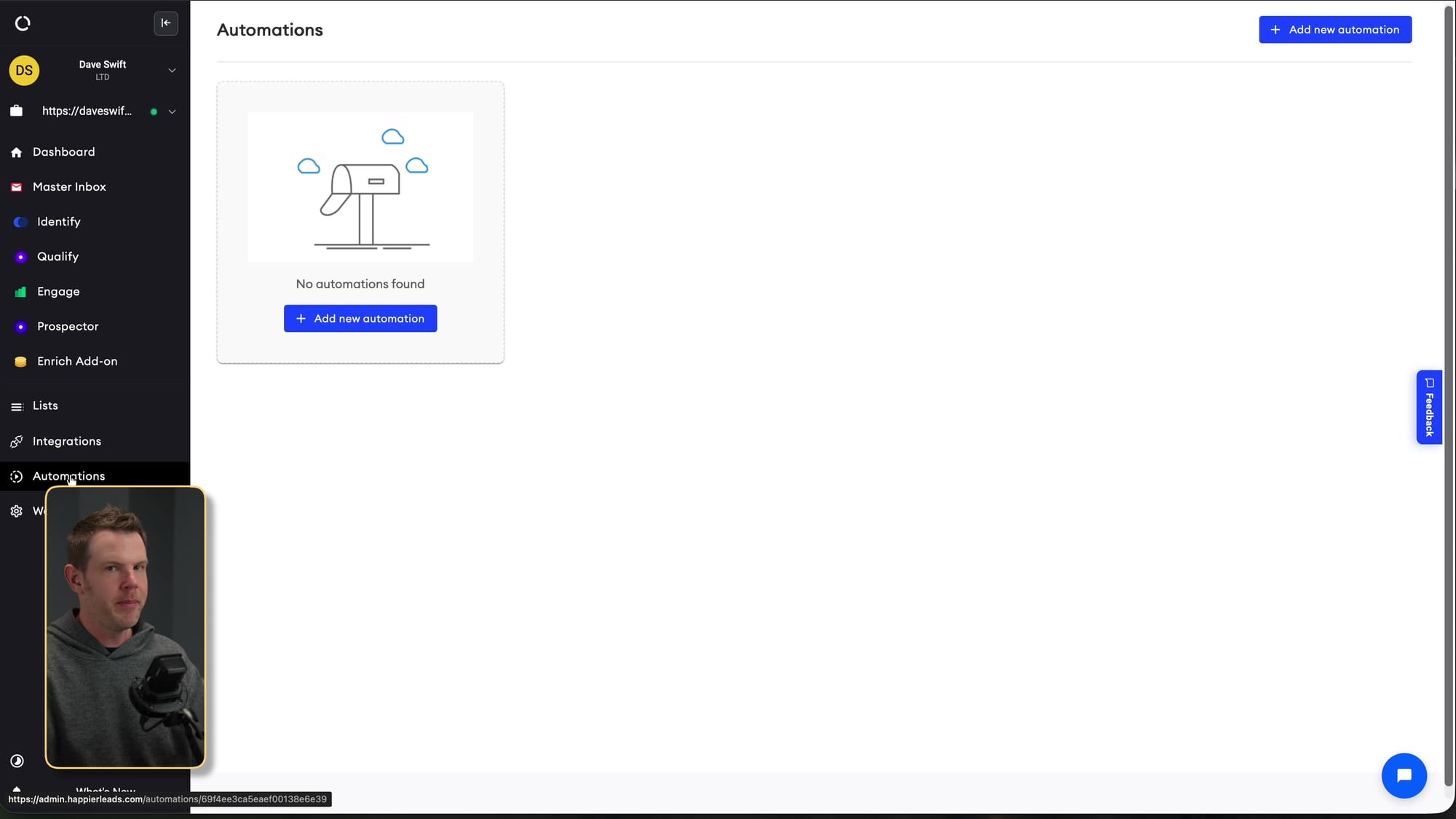 Screenshot: HappierLeads includes automation options for turning identified visitors into follow-up workflows.
