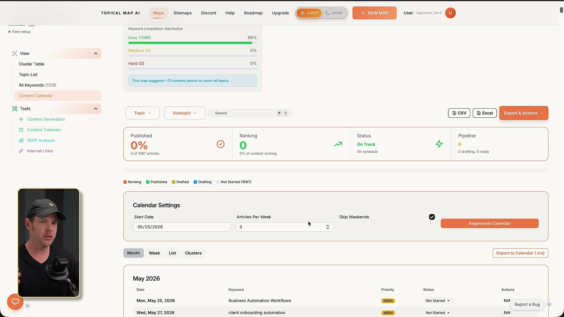 TopicalMap.ai content calendar and task view for planned SEO articles