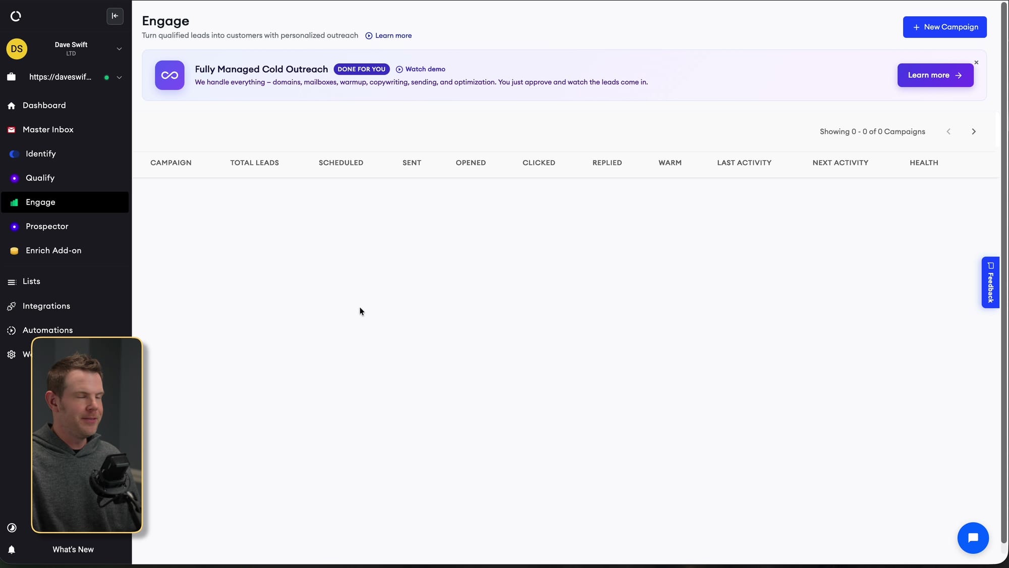 Screenshot: The email campaign builder connects visitor identification with outbound follow-up.