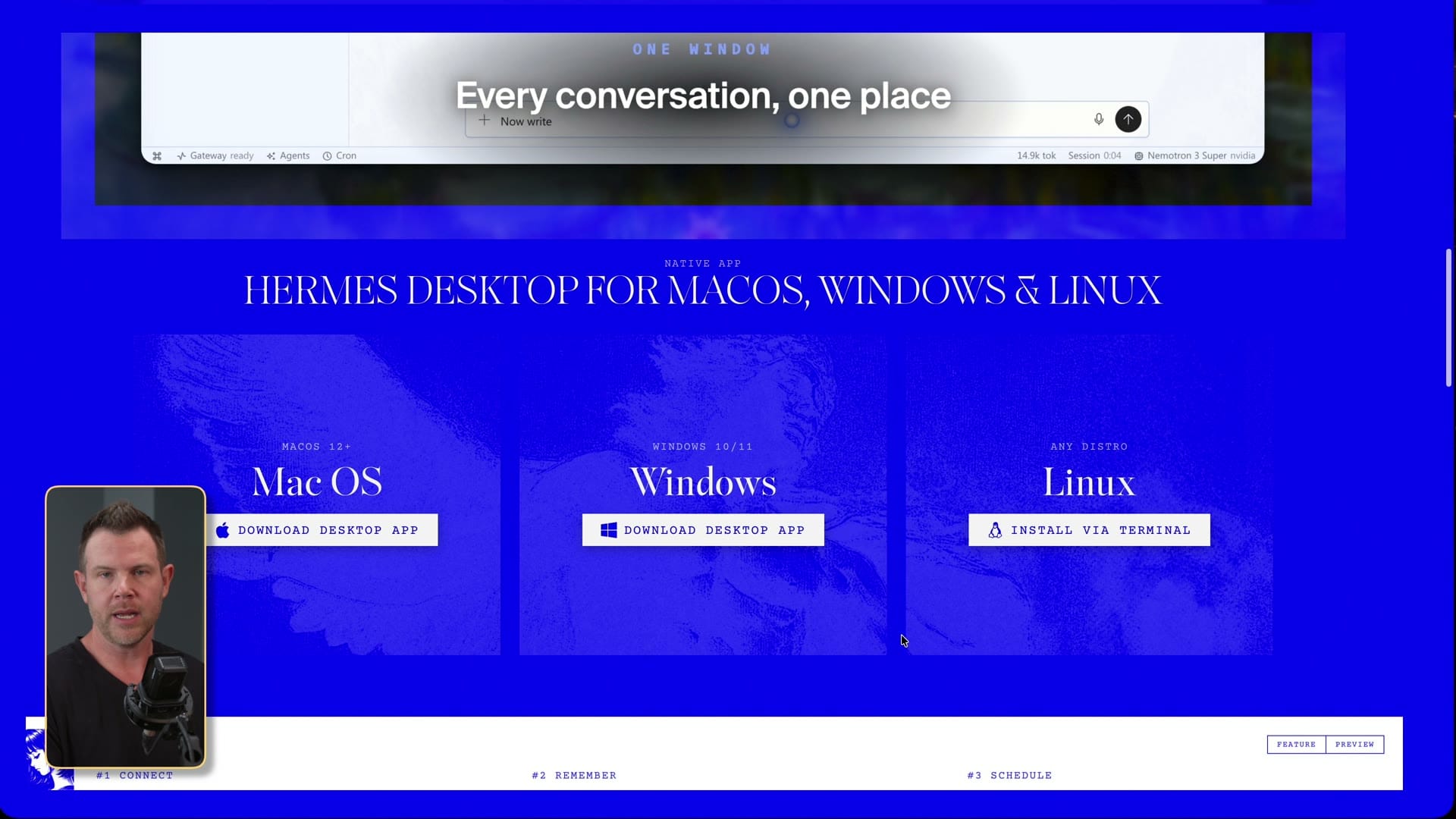 Hermes desktop download page with presenter PiP
