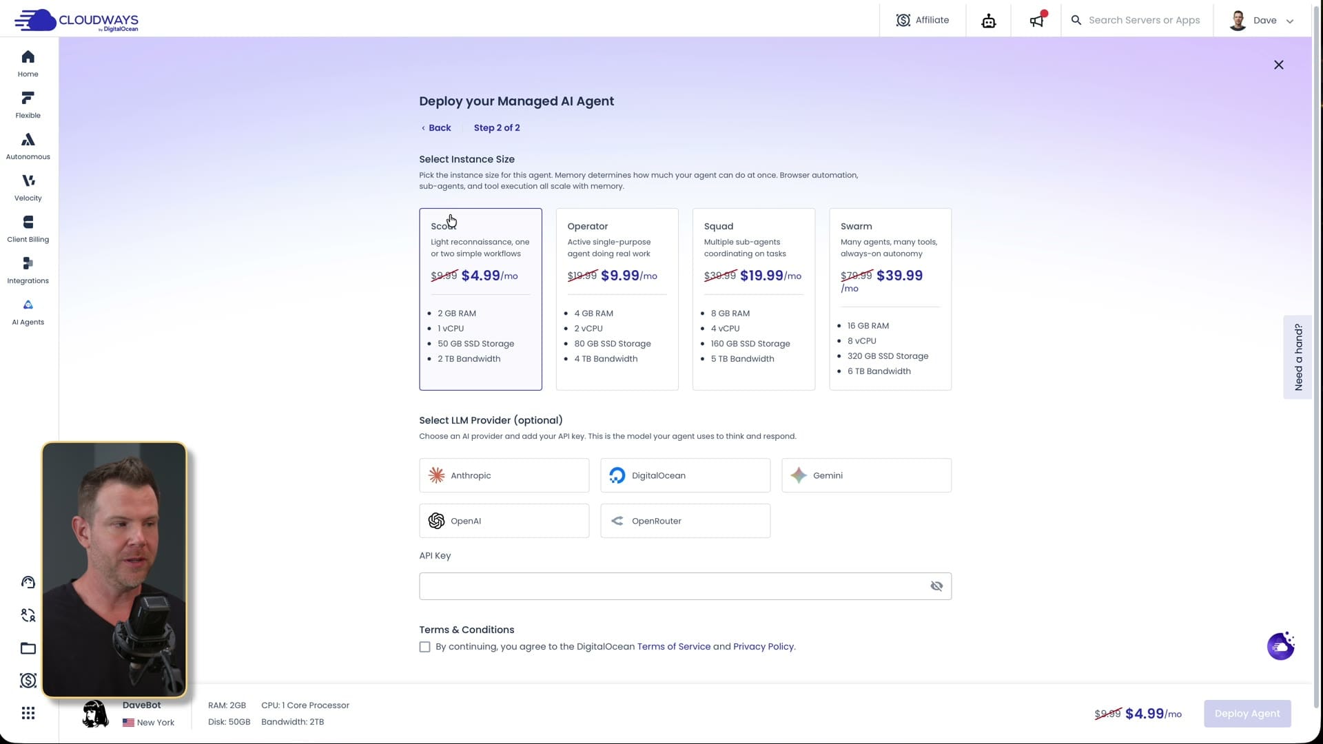 Cloudways Managed AI instance sizes starting at $4.99 a month