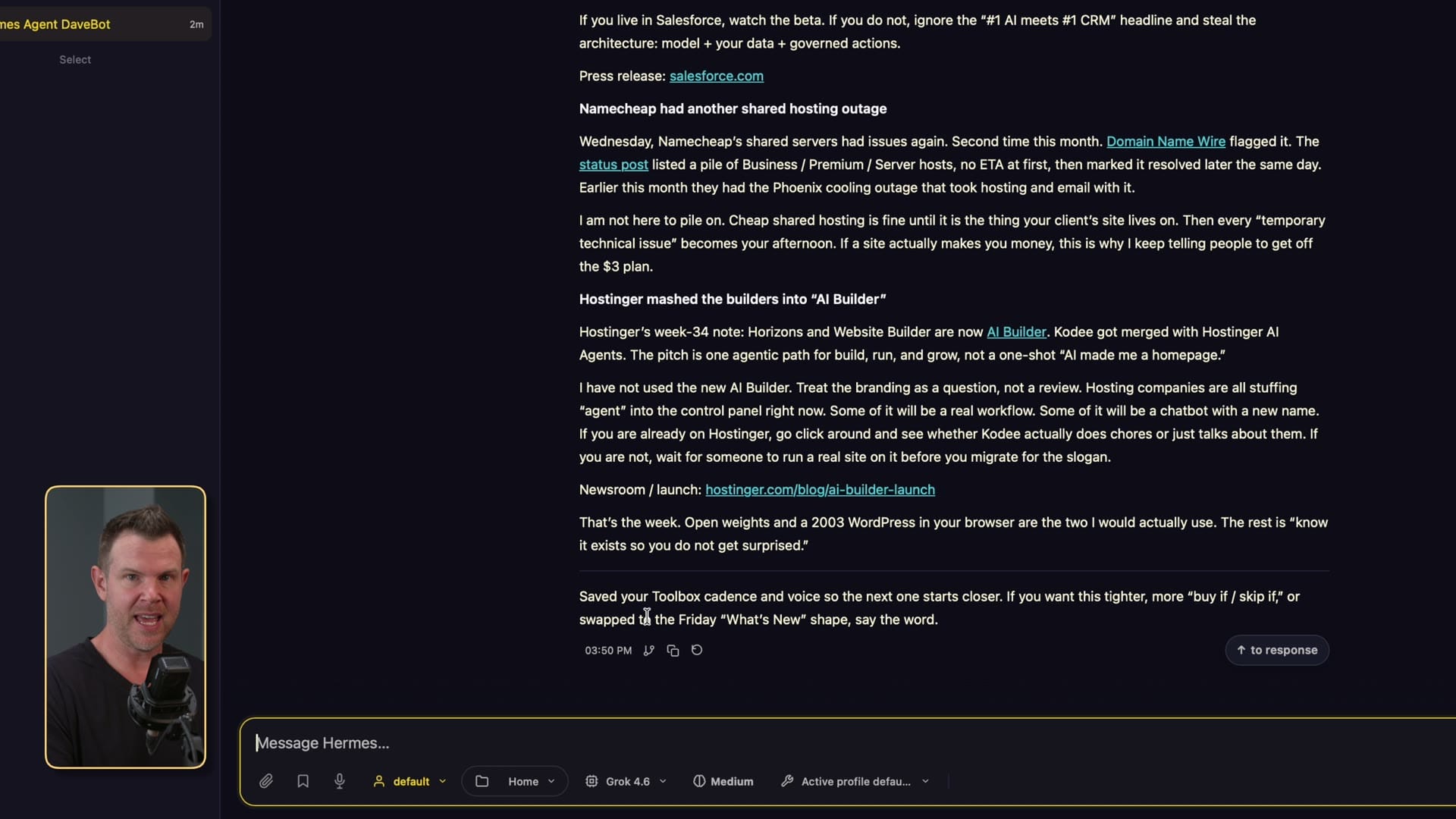 Hermes working a writing job in the chat UI