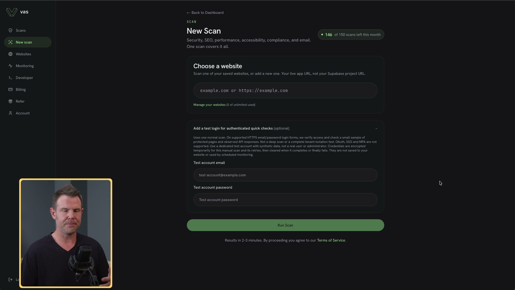 Vibe App Scanner new scan form with the authorized demo app URL and empty optional login fields