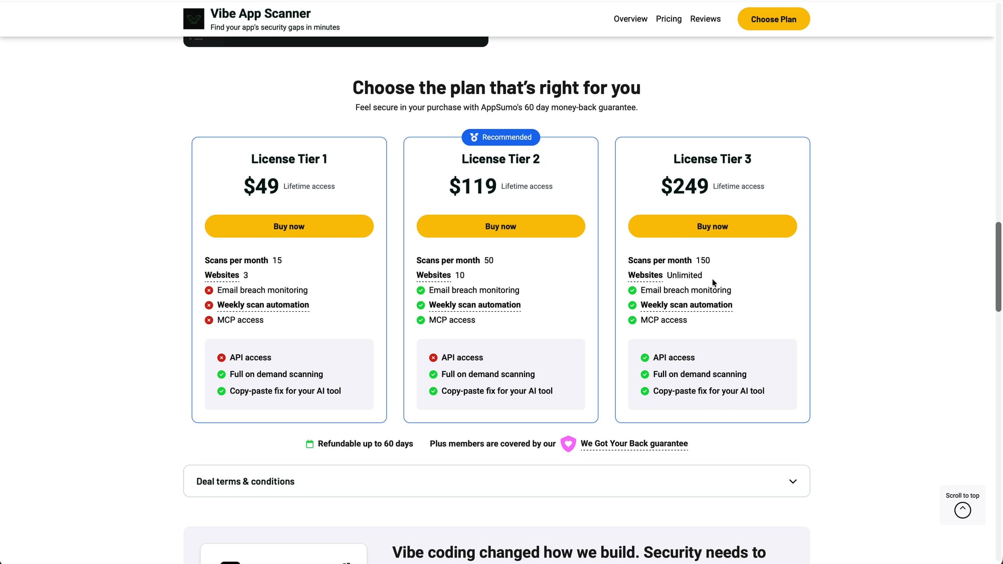 AppSumo license tier comparison for Vibe App Scanner showing scan allowances and integration differences