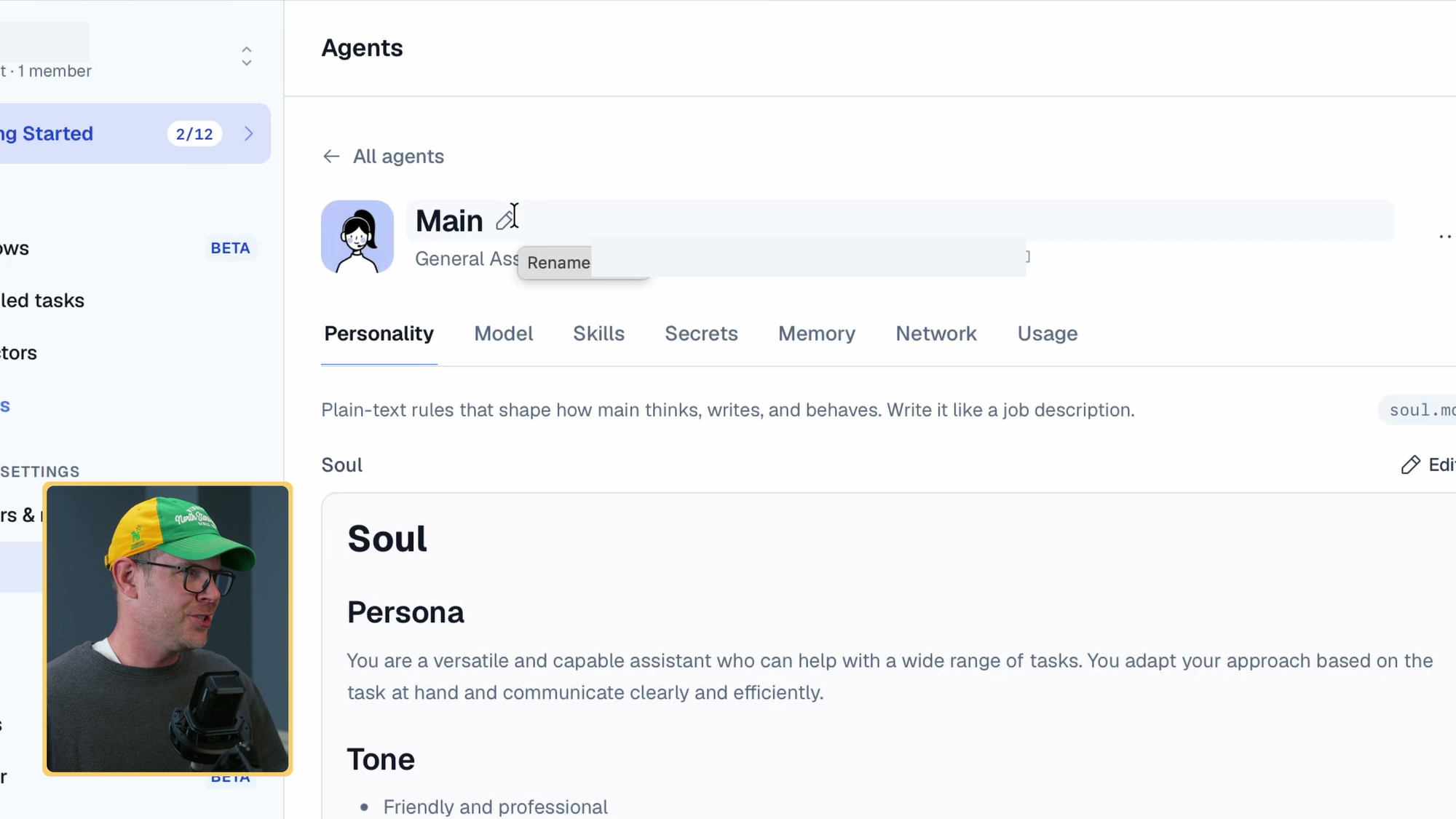 BetterClaw agent personality settings showing the soul file, with Dave in picture-in-picture.