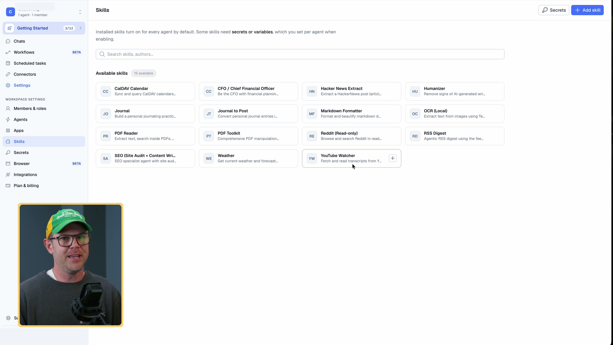 BetterClaw skills library with CalDAV, Humanizer, Reddit, and YouTube Watcher options.