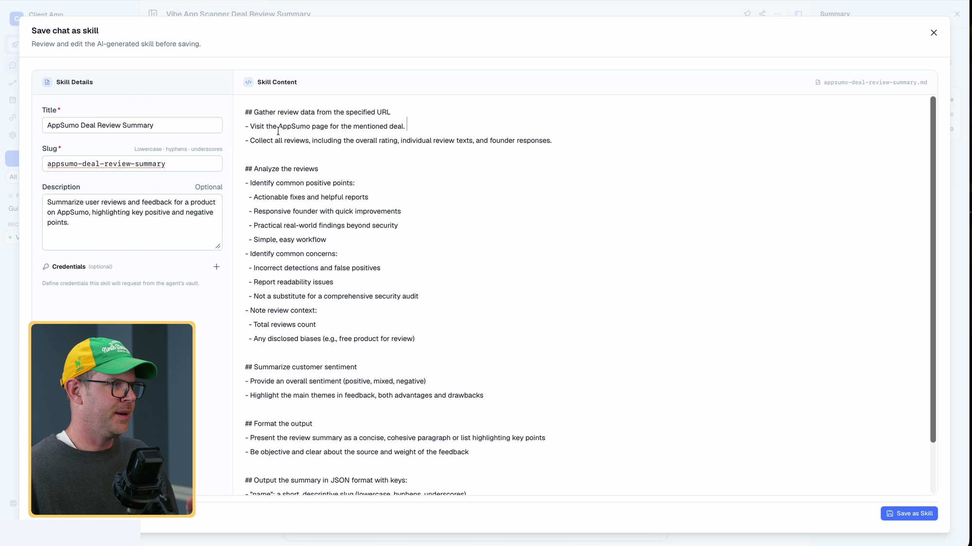 Save chat as skill dialog with editable AppSumo review summary instructions.