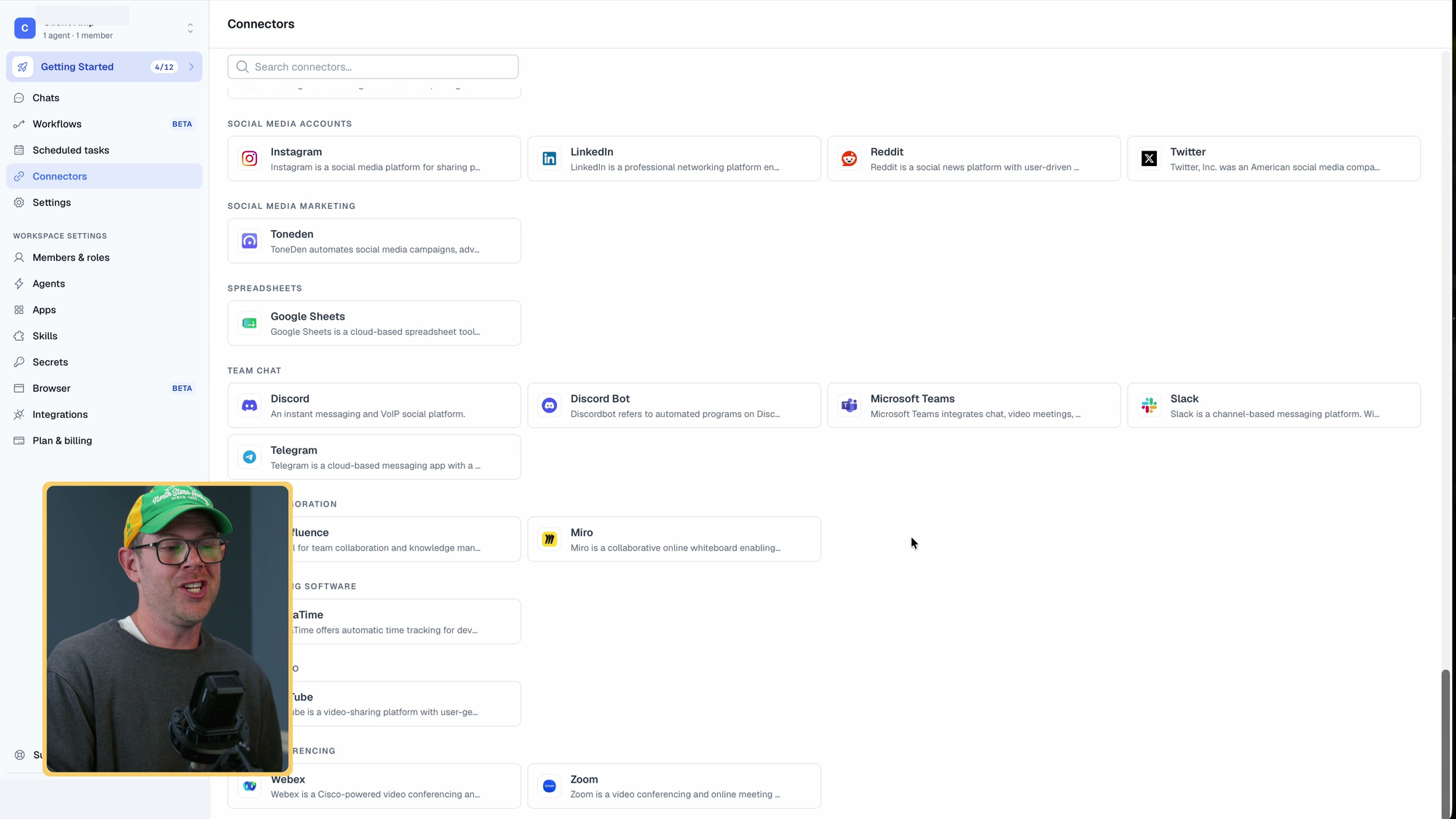 BetterClaw connector catalog showing Google Sheets, Discord, Microsoft Teams, Slack, and Telegram.