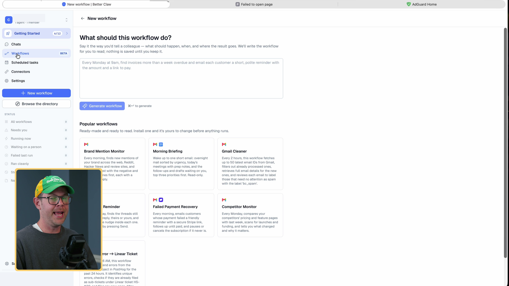 BetterClaw workflow builder with a plain-language prompt and reusable workflow templates.