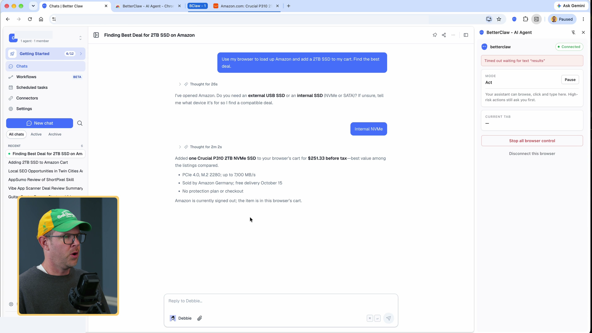BetterClaw Amazon shopping response beside the connected Chrome extension panel showing a timeout status.