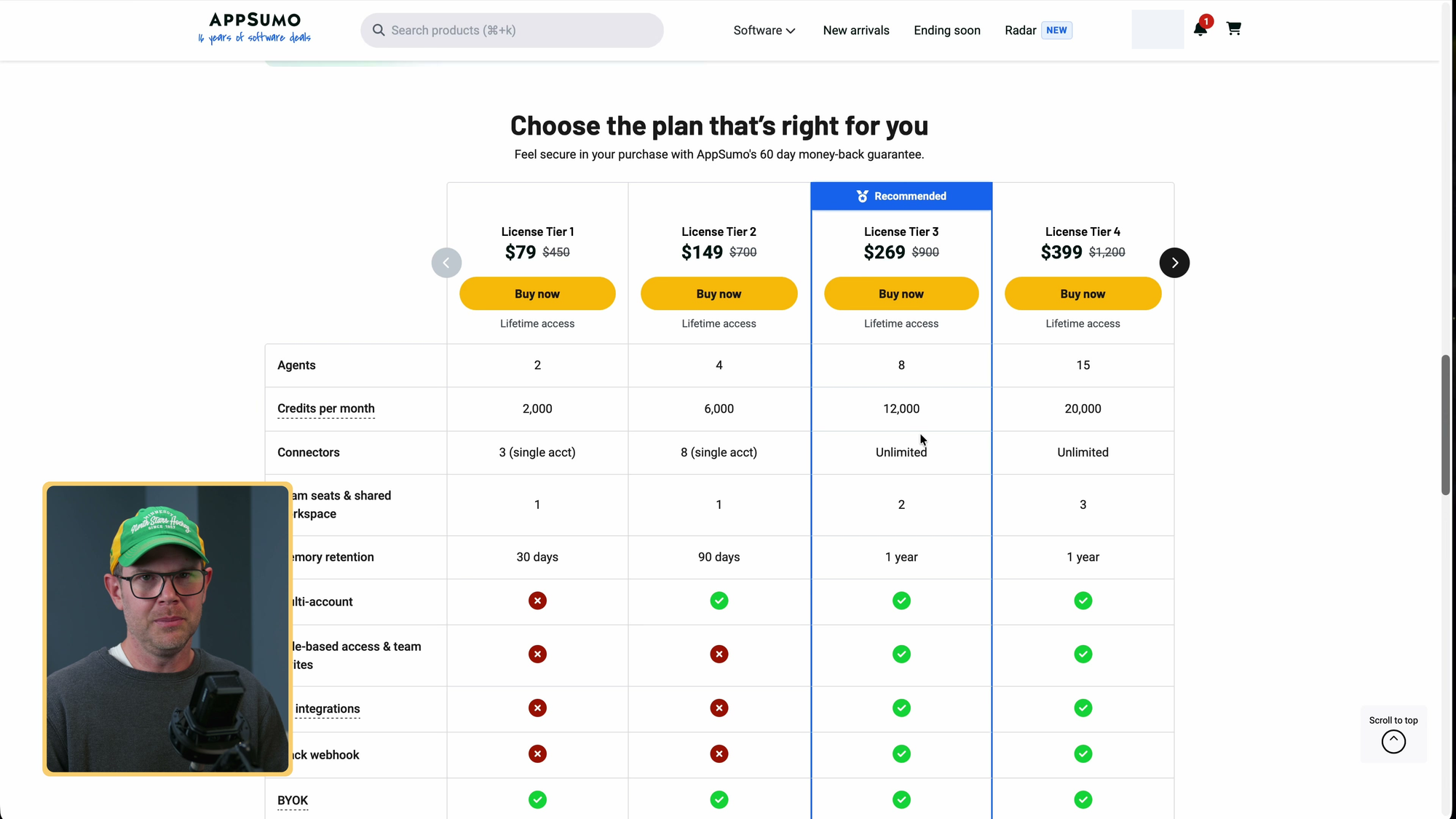 AppSumo BetterClaw plan comparison with Tier 3 highlighted and Dave in picture-in-picture.