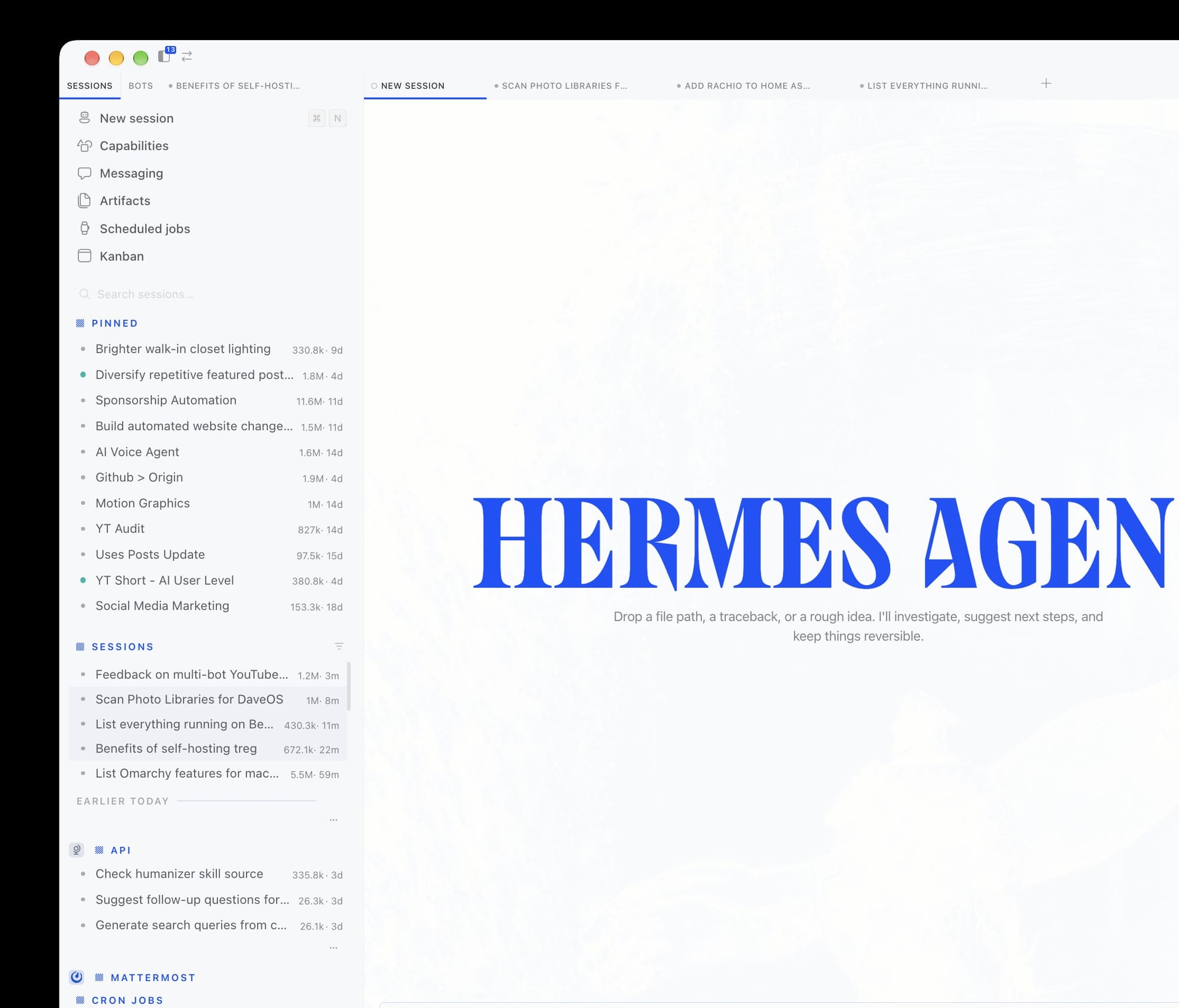 Hermes Agent on my Mac: one bot, many sessions, instead of a company of named bots