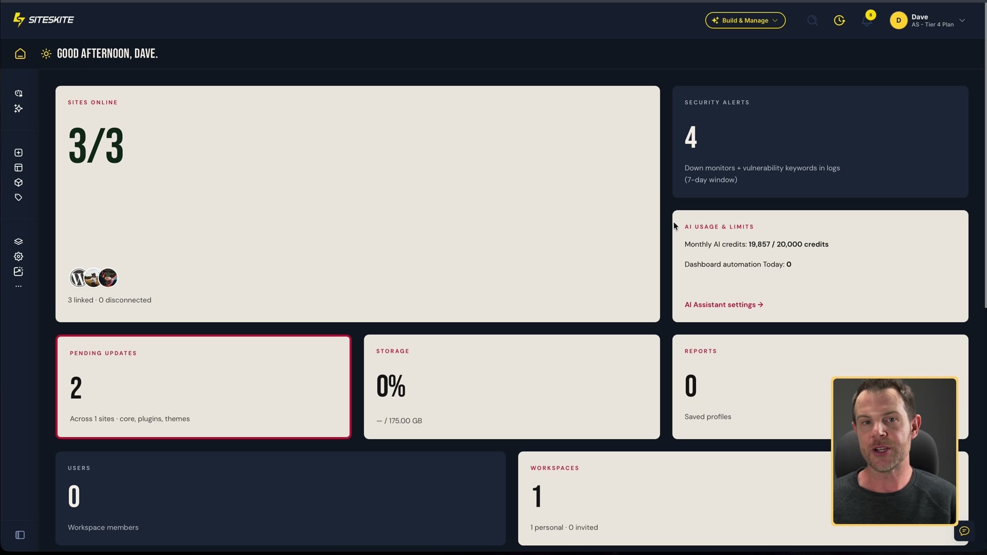 SiteSkite workspace dashboard with sites online, security alerts, AI credits and pending updates
