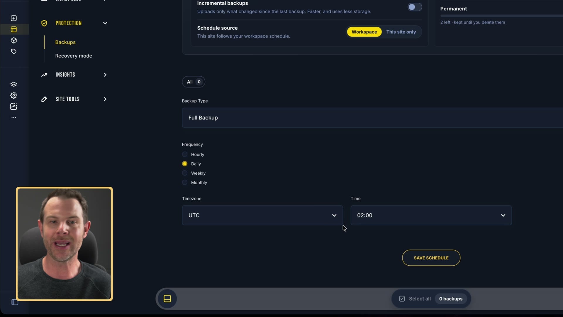 SiteSkite backup schedule settings with incremental backups and daily frequency