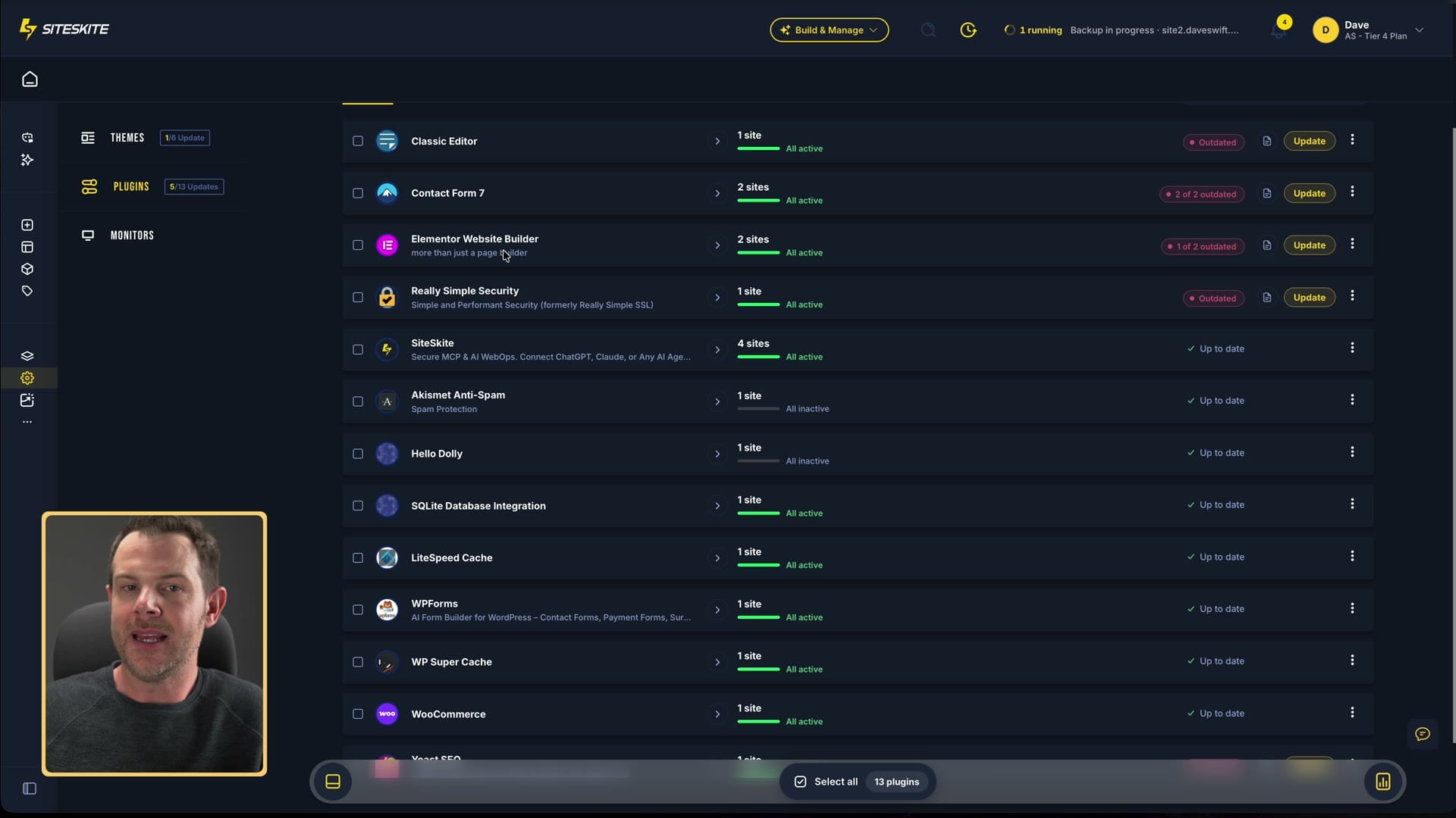 SiteSkite bulk engine listing plugins across all sites with update buttons