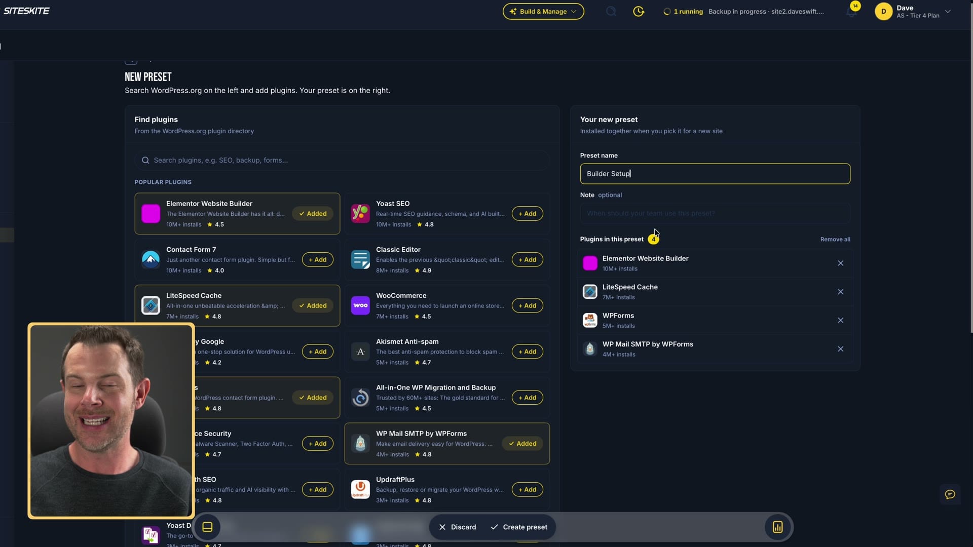 Creating a WP Essentials preset called Builder Setup with four plugins