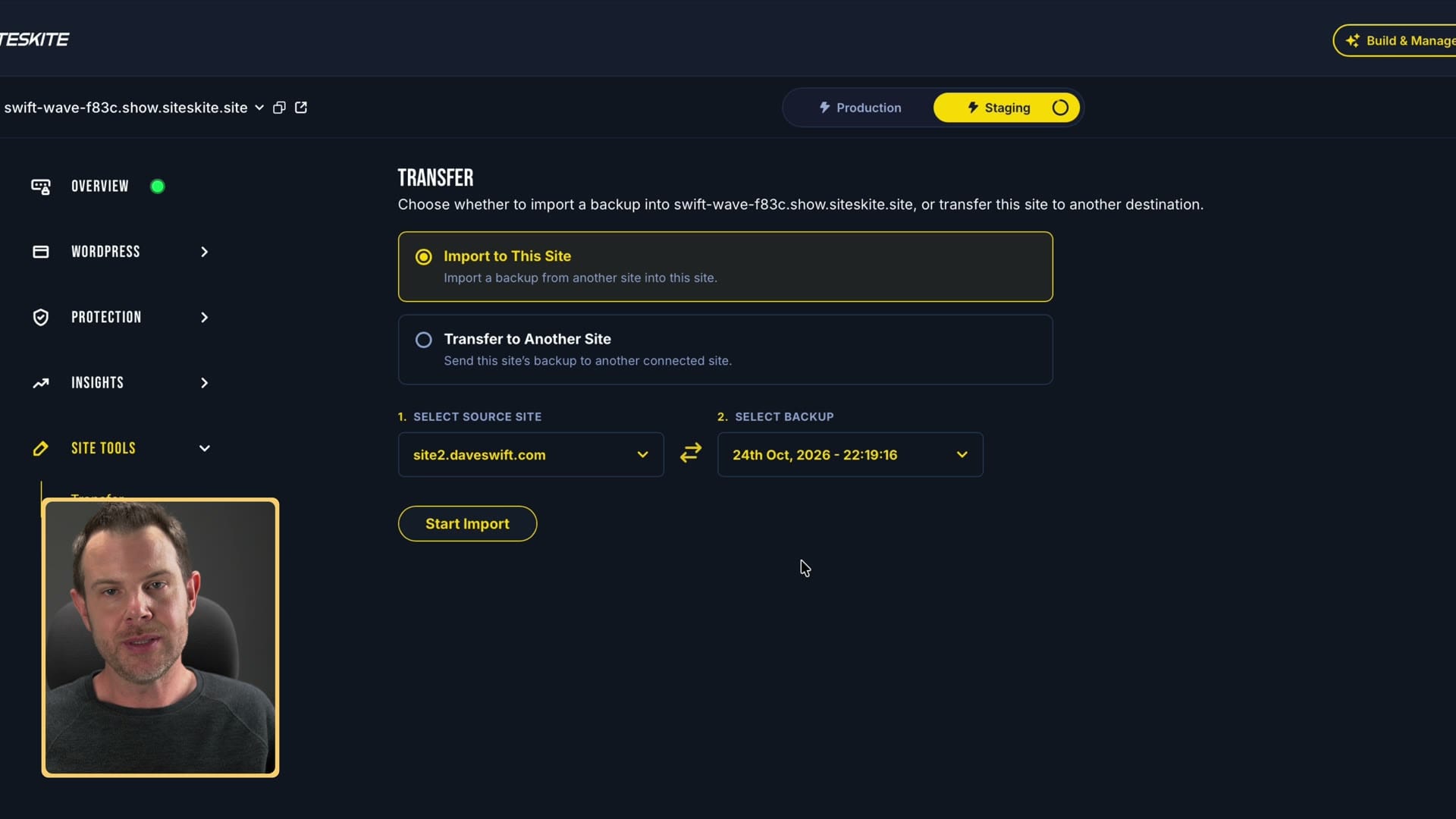 SiteSkite Transfer screen importing a live site backup into the sandbox