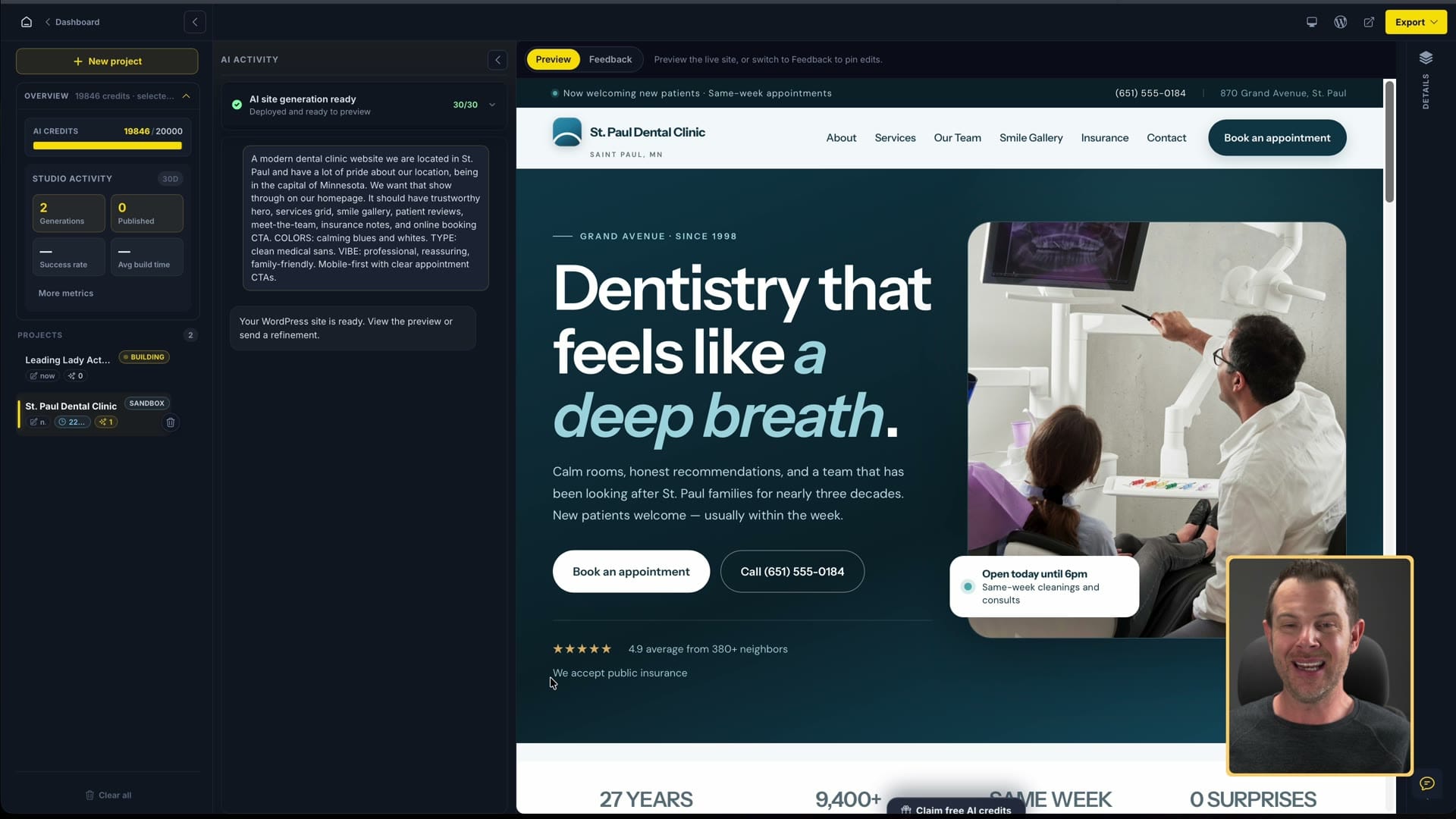 SiteSkite AI Site Studio preview of a generated St. Paul dental clinic site